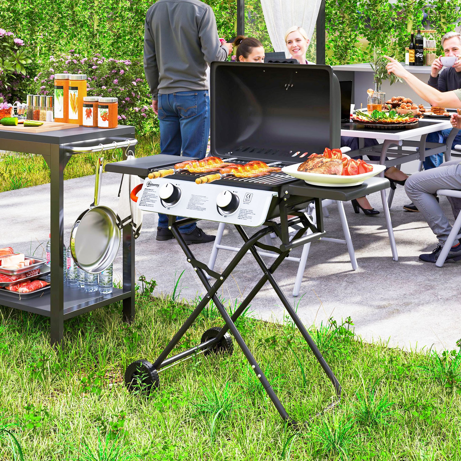Outsunny Barbacoa de Gas con 2 Quemadores de Acero Inoxidable 2,8 KW Barbacoa Portátil con Mesas Laterales Plegables Bandeja Extraíble Termómetro y 2 Ruedas para Pícnic Camping 101x50x102 cm Negro