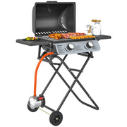 Outsunny Barbacoa de Gas con 2 Quemadores de Acero Inoxidable 2,8 KW Barbacoa Portátil con Mesas Laterales Plegables Bandeja Extraíble Termómetro y 2 Ruedas para Pícnic Camping 101x50x102 cm Negro