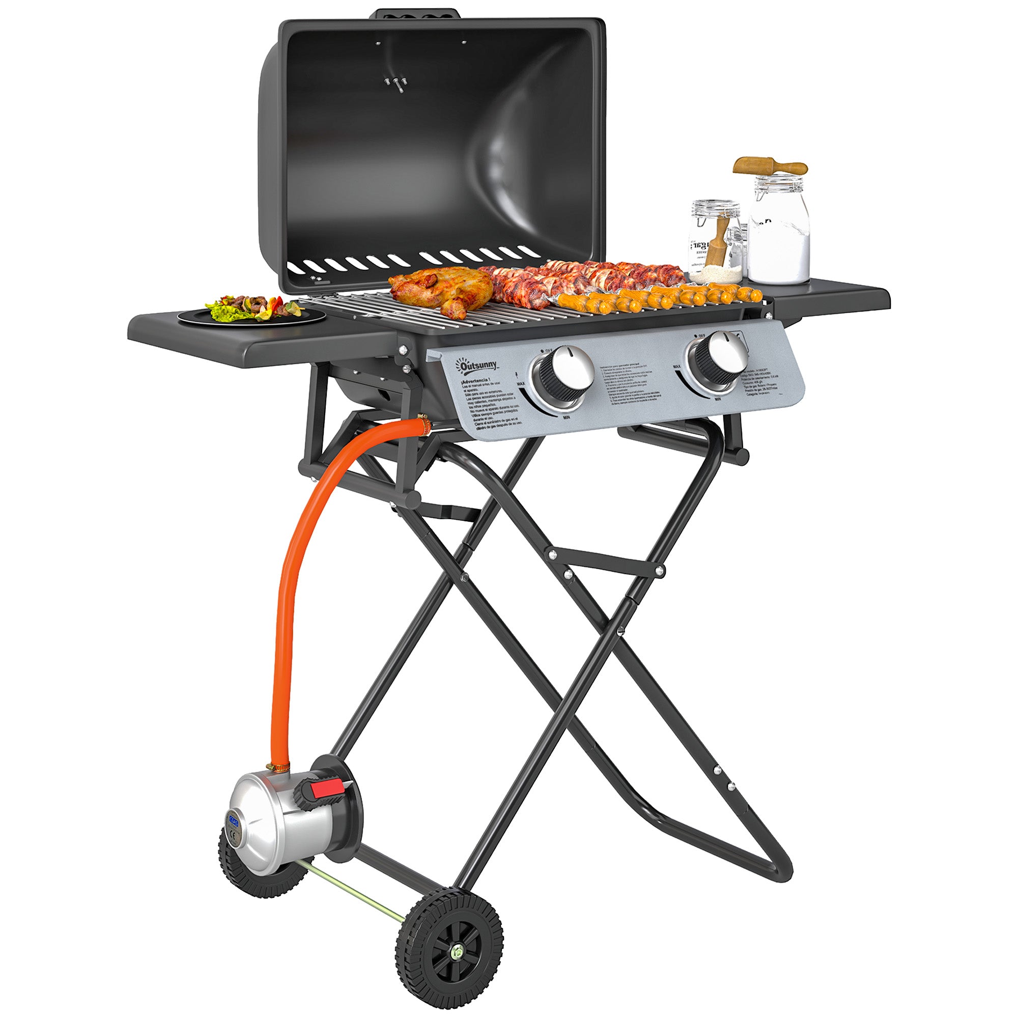 Outsunny Barbacoa de Gas con 2 Quemadores de Acero Inoxidable 2,8 KW Barbacoa Portátil con Mesas Laterales Plegables Bandeja Extraíble Termómetro y 2 Ruedas para Pícnic Camping 101x50x102 cm Negro