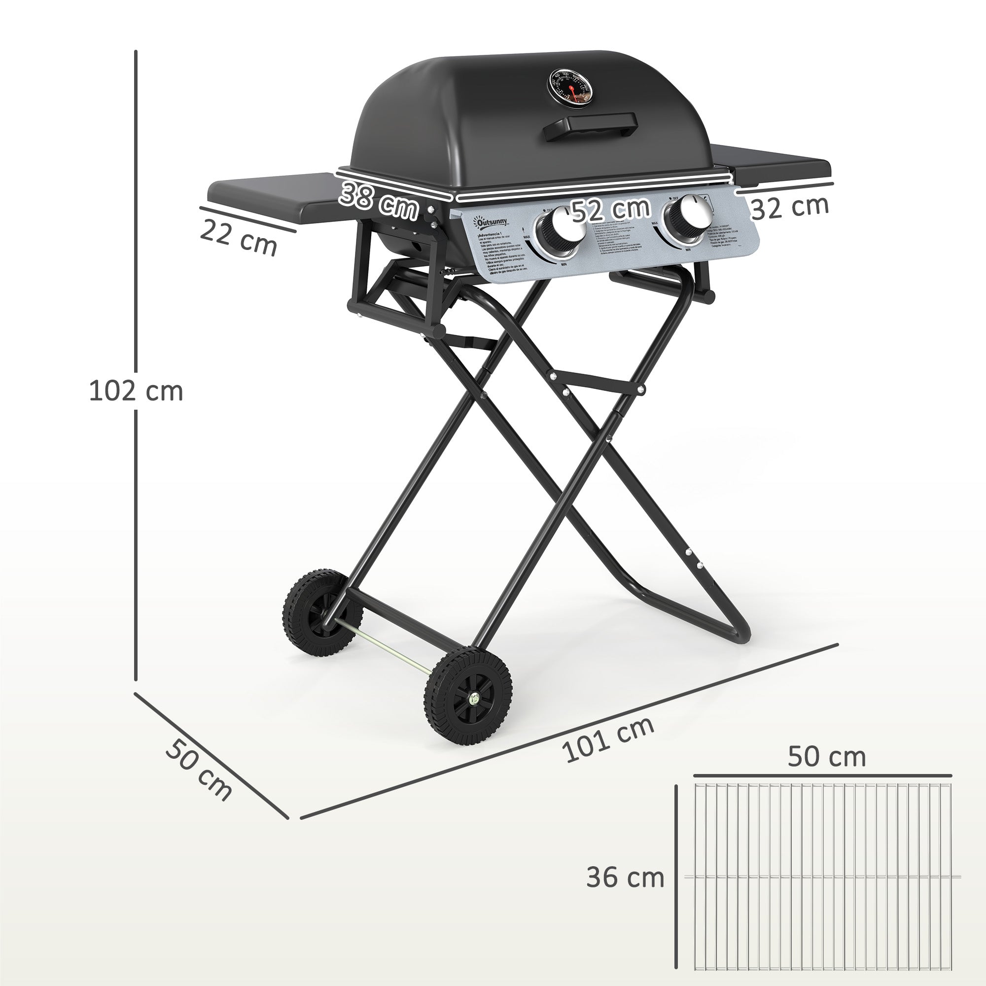 Outsunny Barbacoa de Gas con 2 Quemadores de Acero Inoxidable 2,8 KW Barbacoa Portátil con Mesas Laterales Plegables Bandeja Extraíble Termómetro y 2 Ruedas para Pícnic Camping 101x50x102 cm Negro