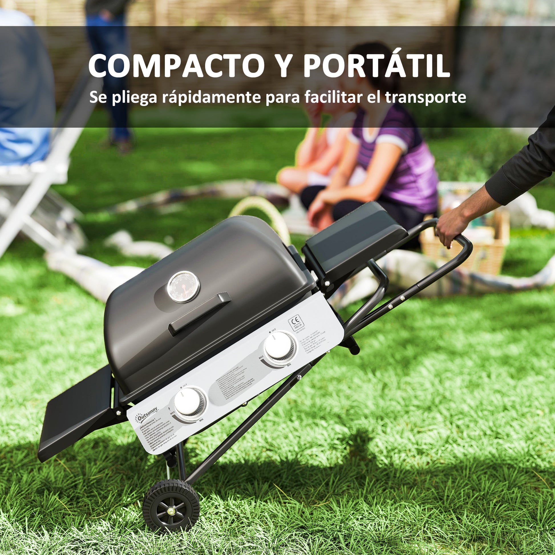 Outsunny Barbacoa de Gas con 2 Quemadores de Acero Inoxidable 2,8 KW Barbacoa Portátil con Mesas Laterales Plegables Bandeja Extraíble Termómetro y 2 Ruedas para Pícnic Camping 101x50x102 cm Negro