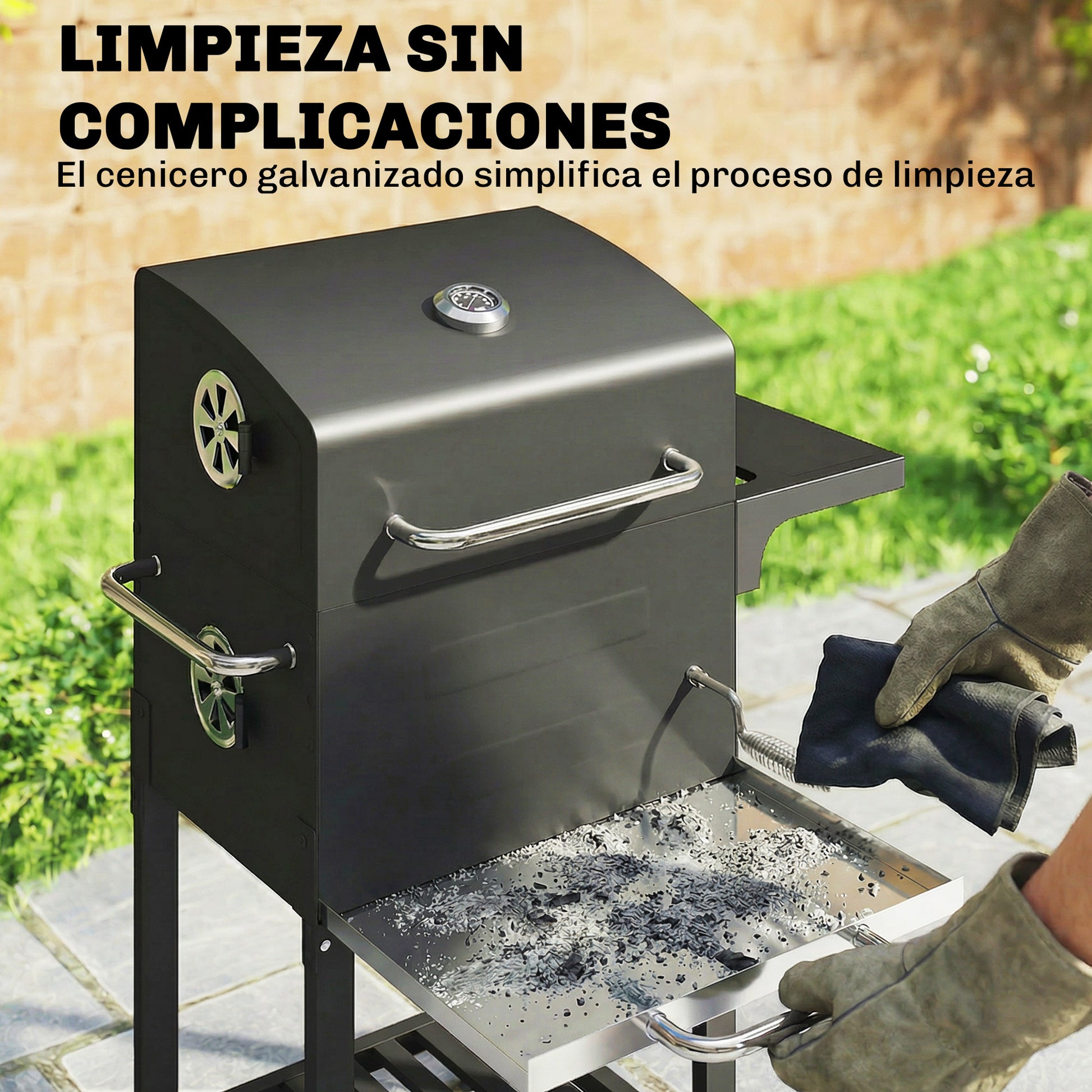 Outsunny Barbacoa de Carbón Portátil, Barbacoa de Carbón con Termómetro, Ventilación Ajustable, Parrilla de Acero Inoxidable, Estante Lateral, Tapa, Bandeja Cenizas, Ruedas, Estante Inferior, Negro