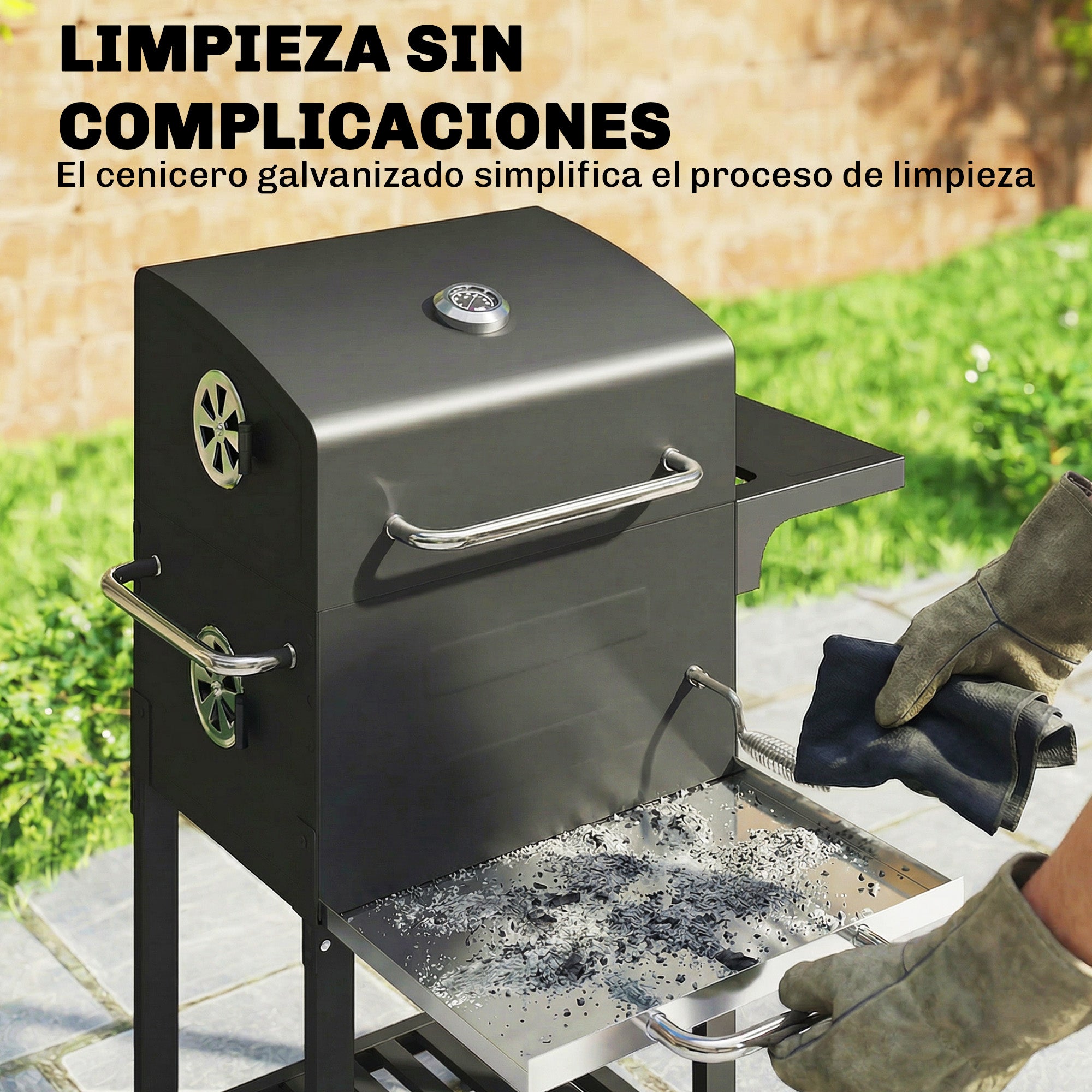 Outsunny Barbacoa de Carbón Portátil, Barbacoa de Carbón con Termómetro, Ventilación Ajustable, Parrilla de Acero Inoxidable, Estante Lateral, Tapa, Bandeja Cenizas, Ruedas, Estante Inferior, Negro
