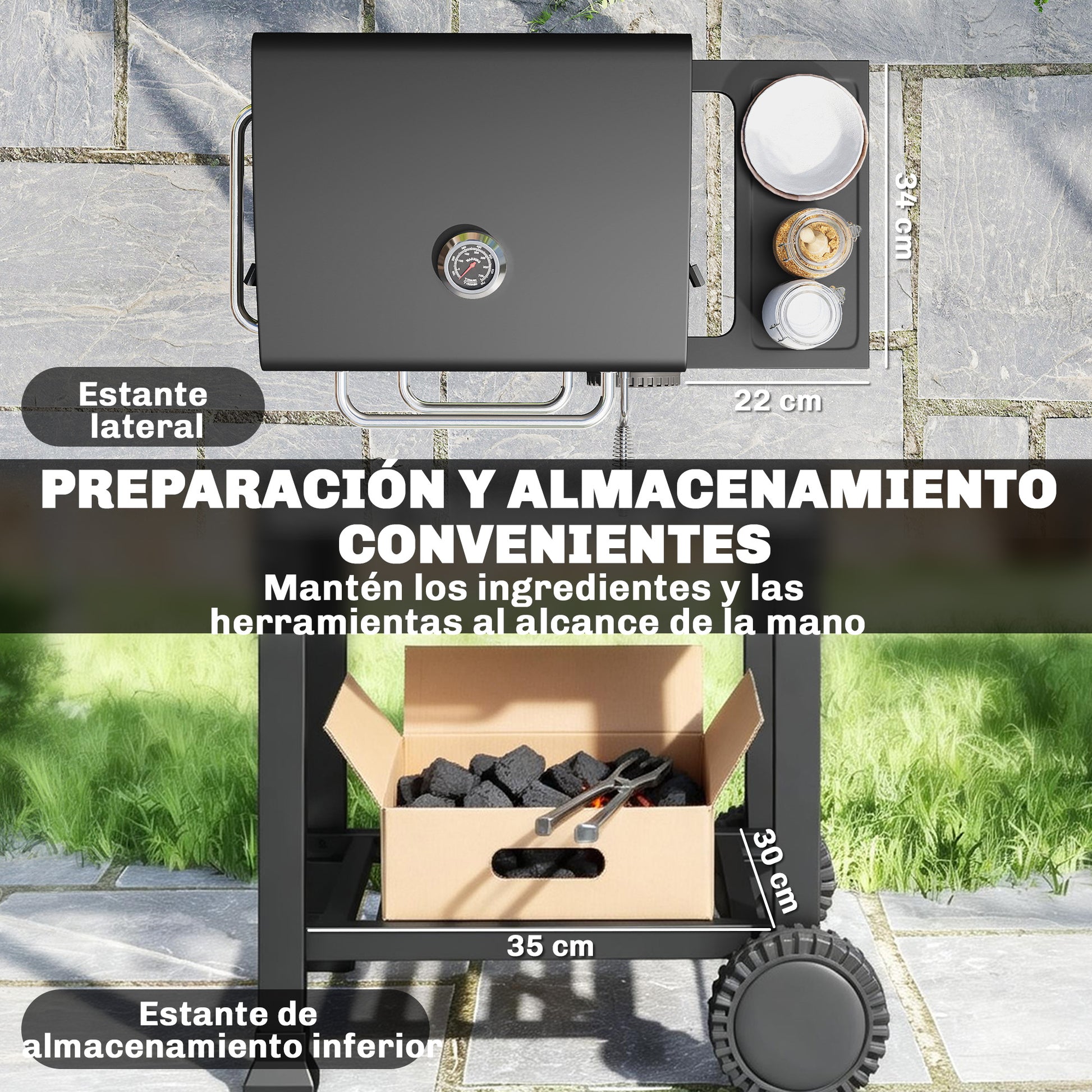 Outsunny Barbacoa de Carbón Portátil, Barbacoa de Carbón con Termómetro, Ventilación Ajustable, Parrilla de Acero Inoxidable, Estante Lateral, Tapa, Bandeja Cenizas, Ruedas, Estante Inferior, Negro