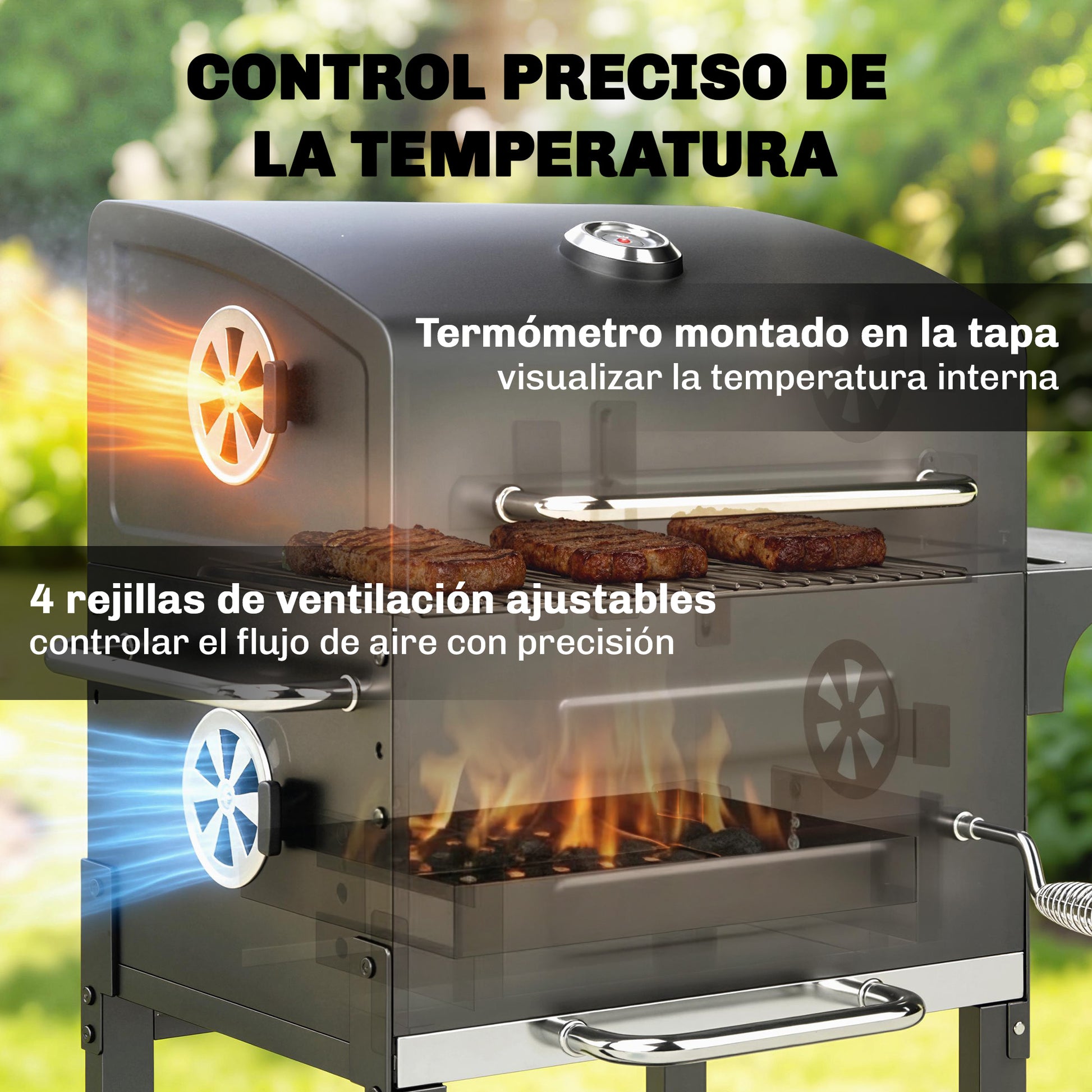 Outsunny Barbacoa de Carbón Portátil, Barbacoa de Carbón con Termómetro, Ventilación Ajustable, Parrilla de Acero Inoxidable, Estante Lateral, Tapa, Bandeja Cenizas, Ruedas, Estante Inferior, Negro