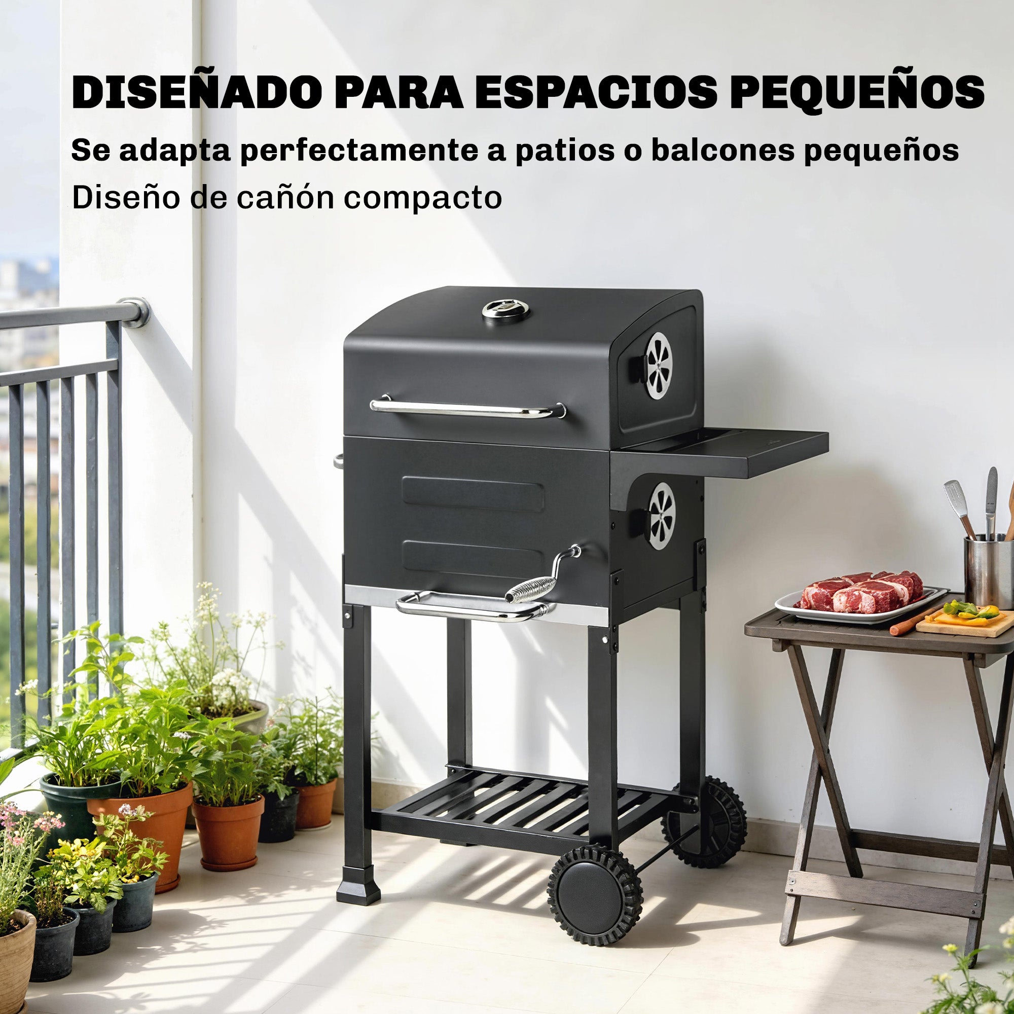 Outsunny Barbacoa de Carbón Portátil, Barbacoa de Carbón con Termómetro, Ventilación Ajustable, Parrilla de Acero Inoxidable, Estante Lateral, Tapa, Bandeja Cenizas, Ruedas, Estante Inferior, Negro