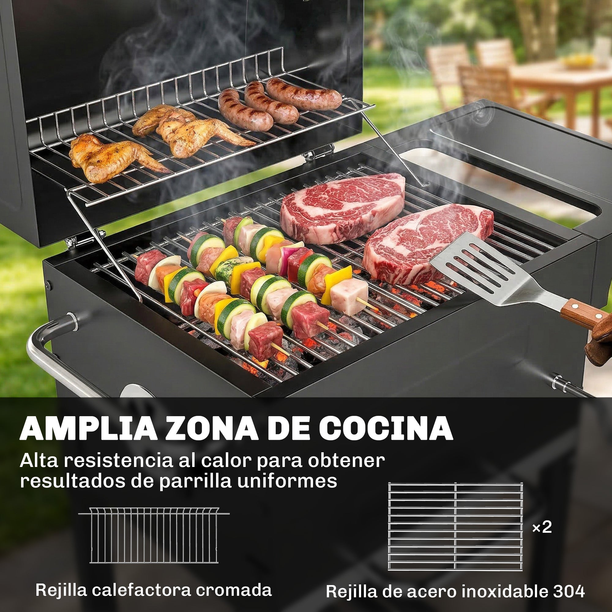 Outsunny Barbacoa de Carbón Portátil, Barbacoa de Carbón con Termómetro, Ventilación Ajustable, Parrilla de Acero Inoxidable, Estante Lateral, Tapa, Bandeja Cenizas, Ruedas, Estante Inferior, Negro