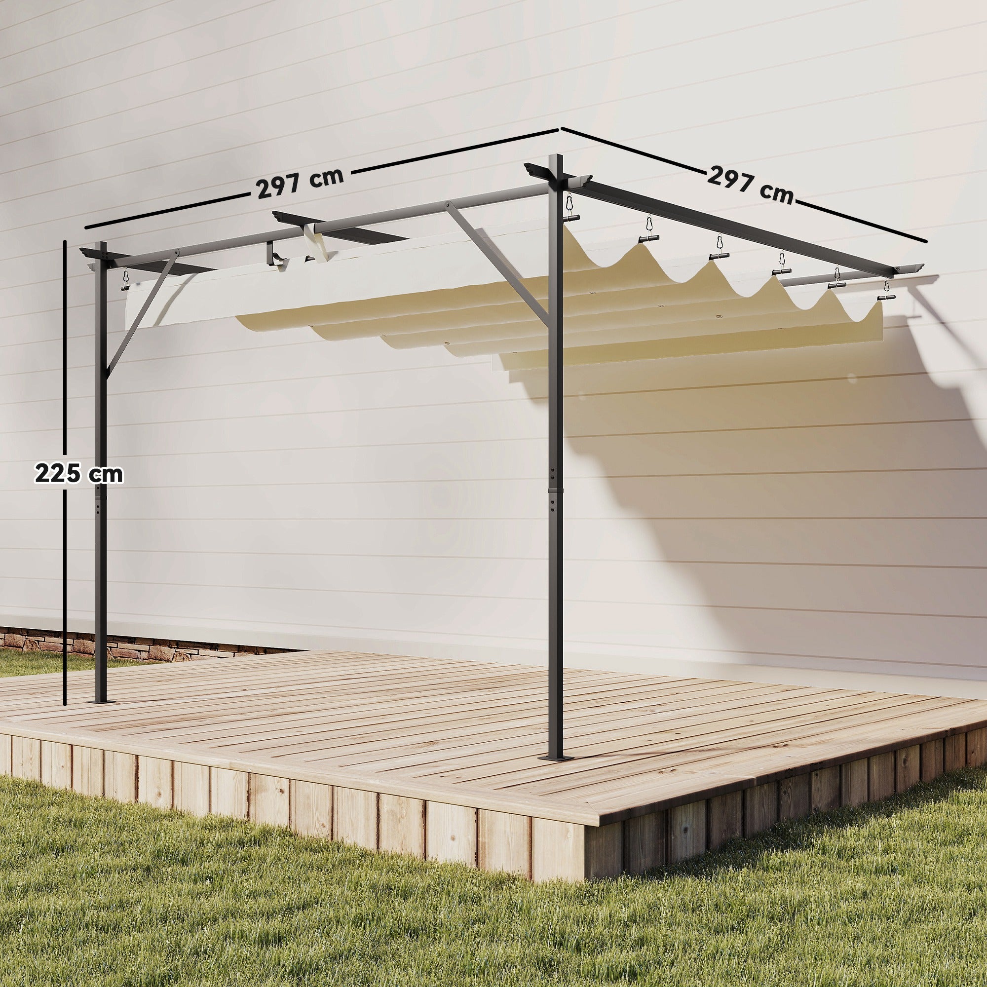 Outsunny Pérgola de Pared de Jardín 3x3 m, Cenador de Jardín con Techo Retráctil, Protección UPF30+, Orificios de Drenaje y Estructura Metálica, Pabellón para Patio, Terraza, Exterior, Blanco Crema