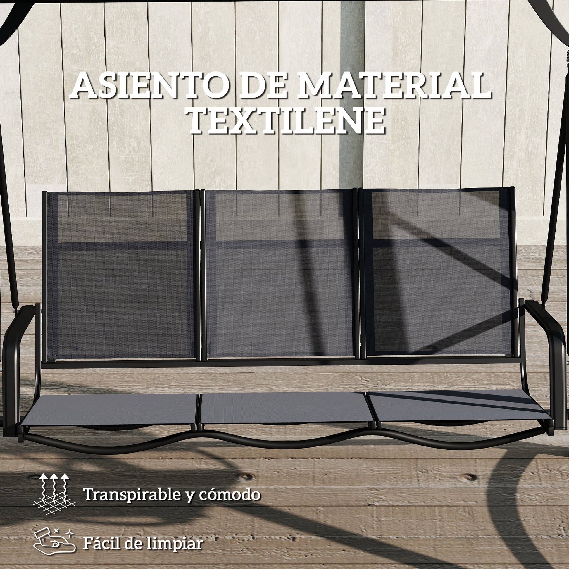 Outsunny Columpio de Jardín de 3 Plazas, Balancín de Jardín Exterior con Techo Ajustable, UPF50+, Asiento Transpirable y Marco de Metal, para Patio, Terraza, Carga 360 kg, 188x130x183 cm, Gris