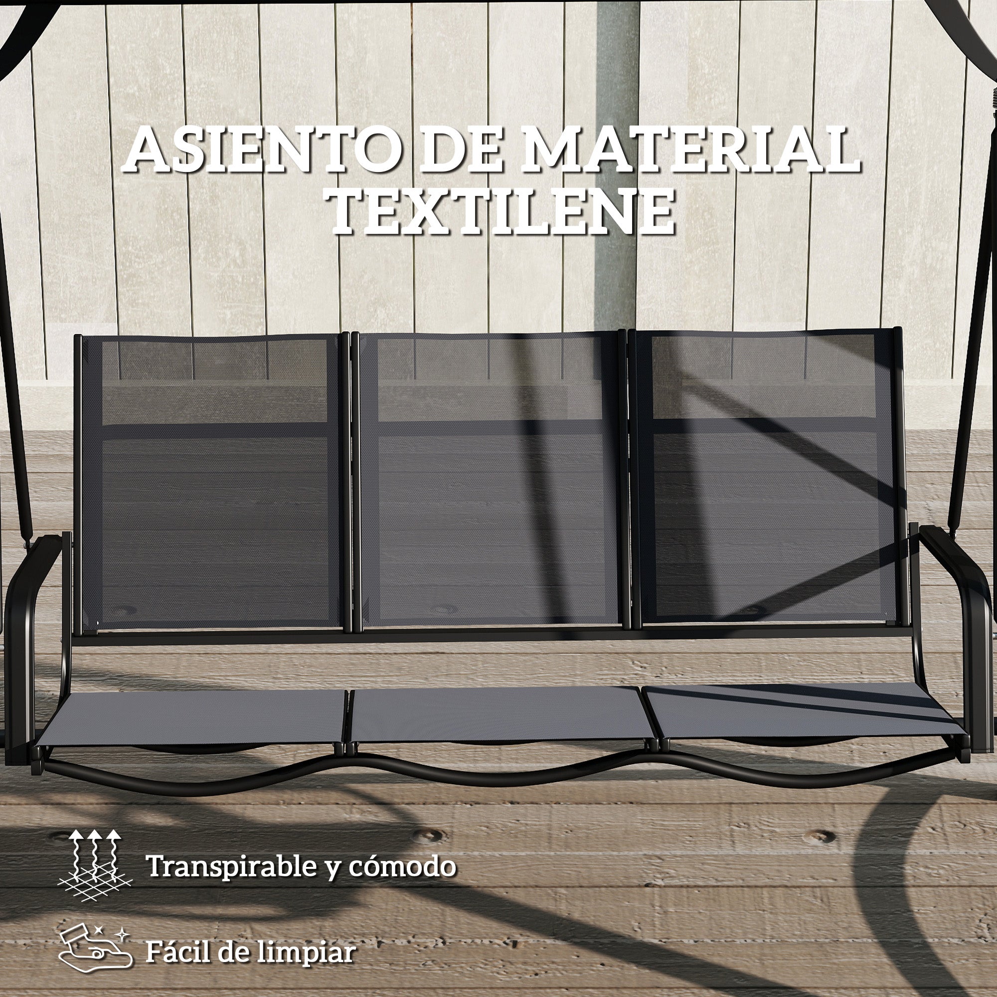 Outsunny Columpio de Jardín de 3 Plazas, Balancín de Jardín Exterior con Techo Ajustable, UPF50+, Asiento Transpirable y Marco de Metal, para Patio, Terraza, Carga 360 kg, 188x130x183 cm, Gris