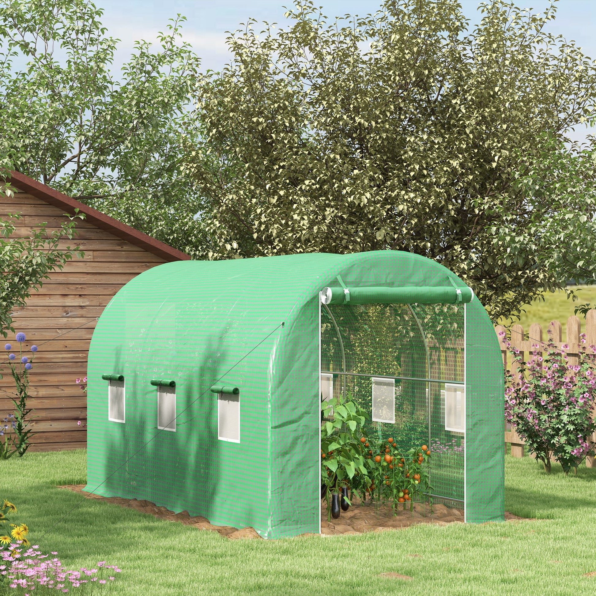 Outsunny Invernadero de Túnel 400x200x205 cm Invernadero de Jardín con 2 Puertas Enrollables y 6 Ventanas Cubierta PE 140 g/m² Marco de Metal para Cultivo Plantas Verduras Verde