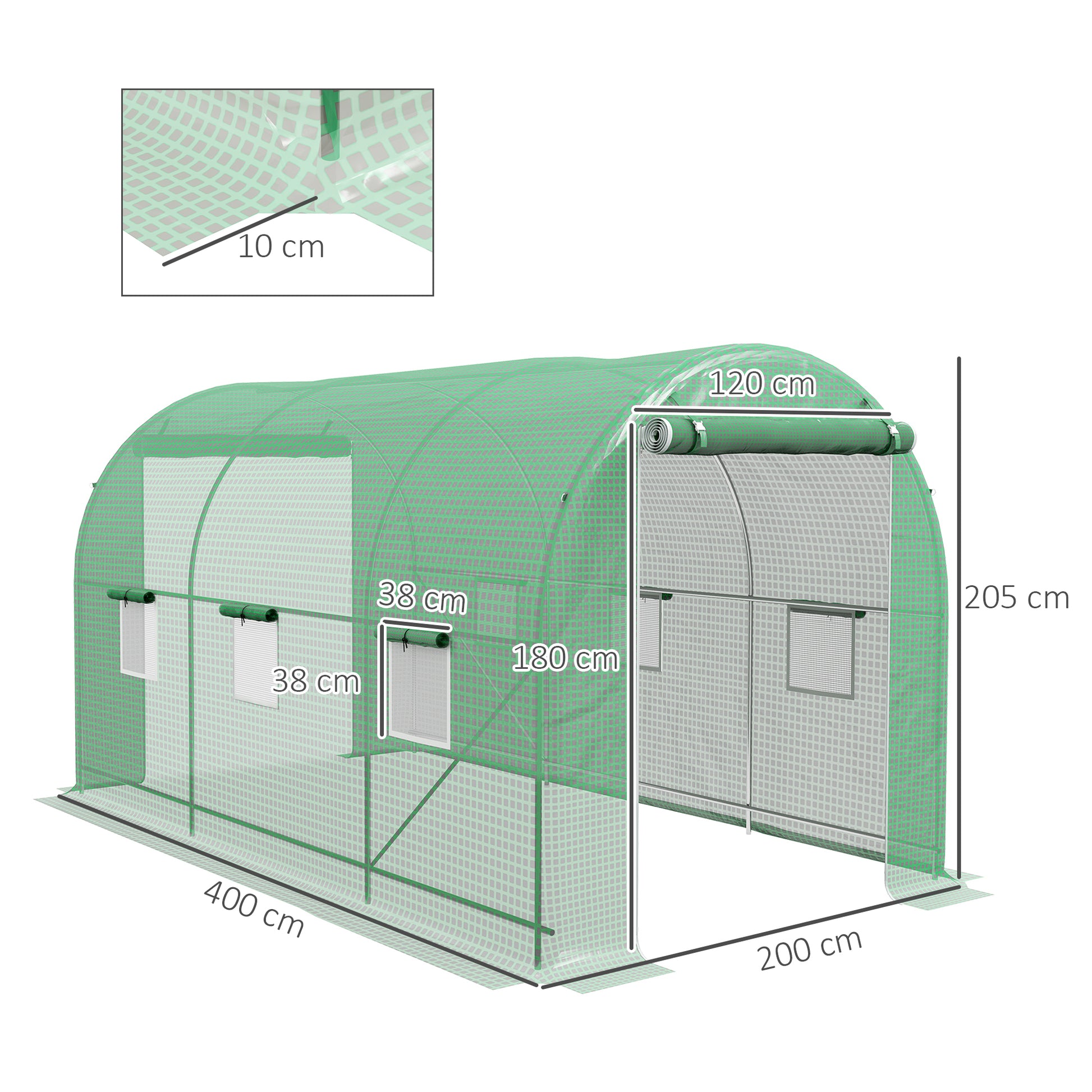Outsunny Invernadero de Túnel 400x200x205 cm Invernadero de Jardín con 2 Puertas Enrollables y 6 Ventanas Cubierta PE 140 g/m² Marco de Metal para Cultivo Plantas Verduras Verde
