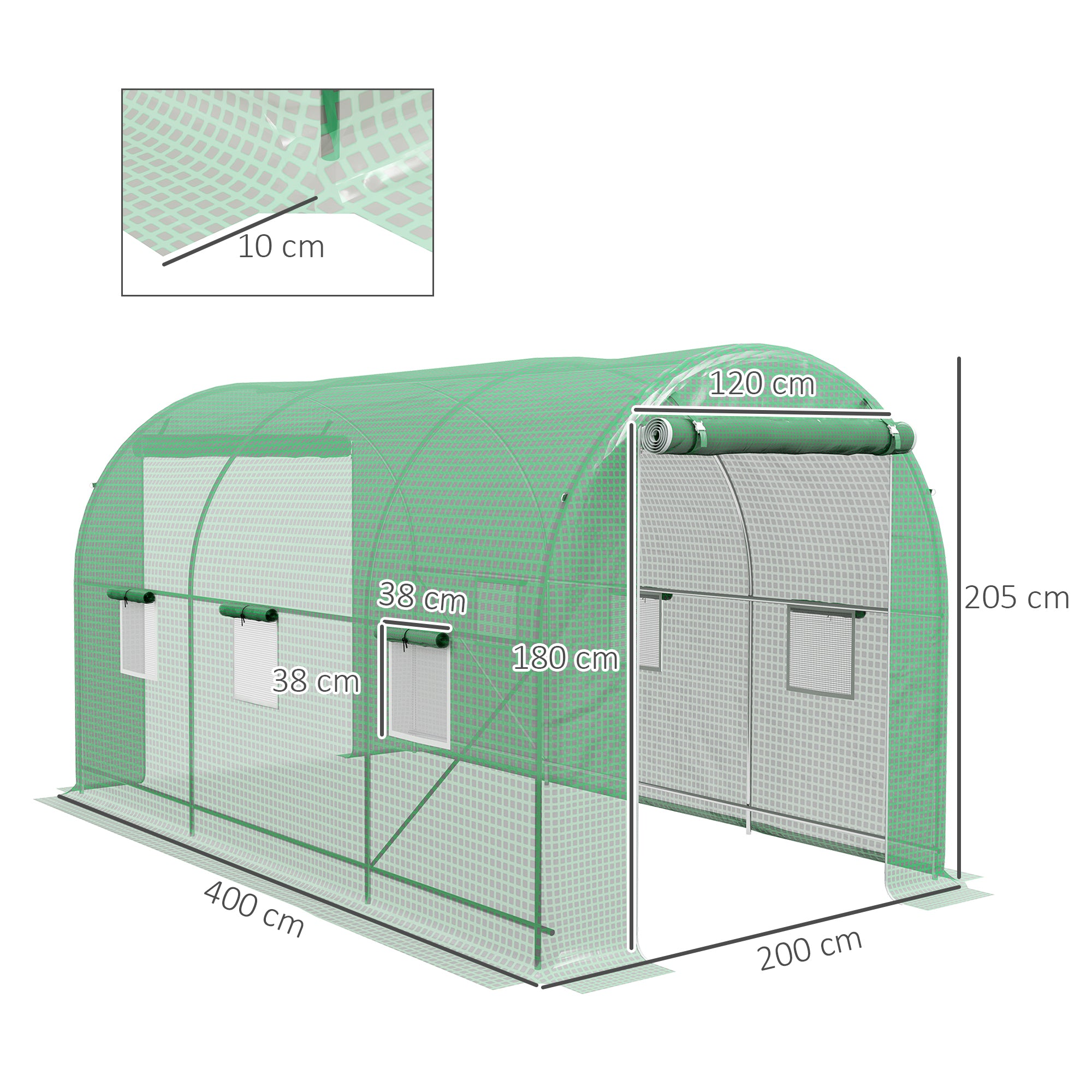 Outsunny Invernadero de Túnel 400x200x205 cm Invernadero de Jardín con 2 Puertas Enrollables y 6 Ventanas Cubierta PE 140 g/m² Marco de Metal para Cultivo Plantas Verduras Verde