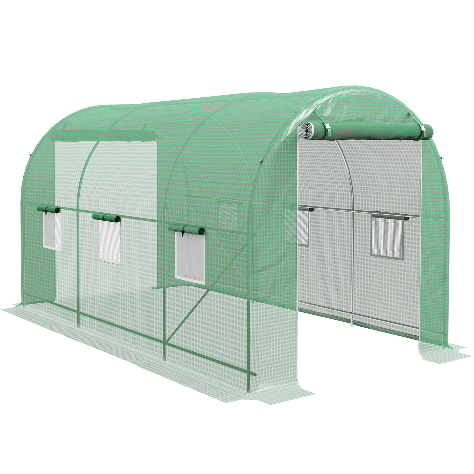 Outsunny Invernadero de Túnel 400x200x205 cm Invernadero de Jardín con 2 Puertas Enrollables y 6 Ventanas Cubierta PE 140 g/m² Marco de Metal para Cultivo Plantas Verduras Verde