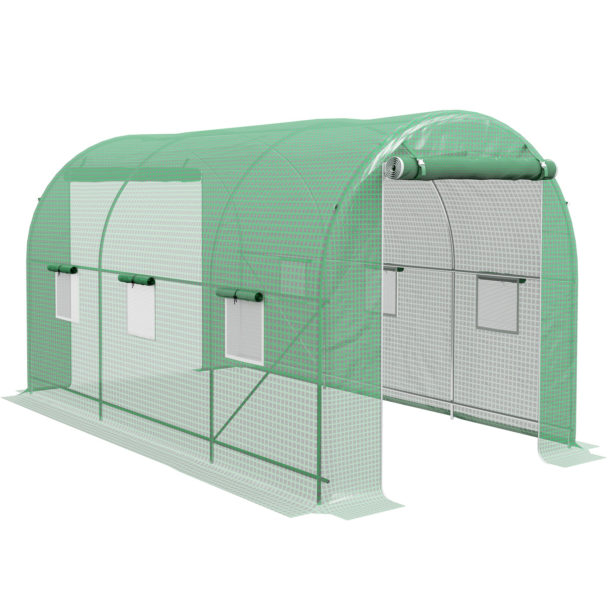 Outsunny Invernadero de Túnel 400x200x205 cm Invernadero de Jardín con 2 Puertas Enrollables y 6 Ventanas Cubierta PE 140 g/m² Marco de Metal para Cultivo Plantas Verduras Verde