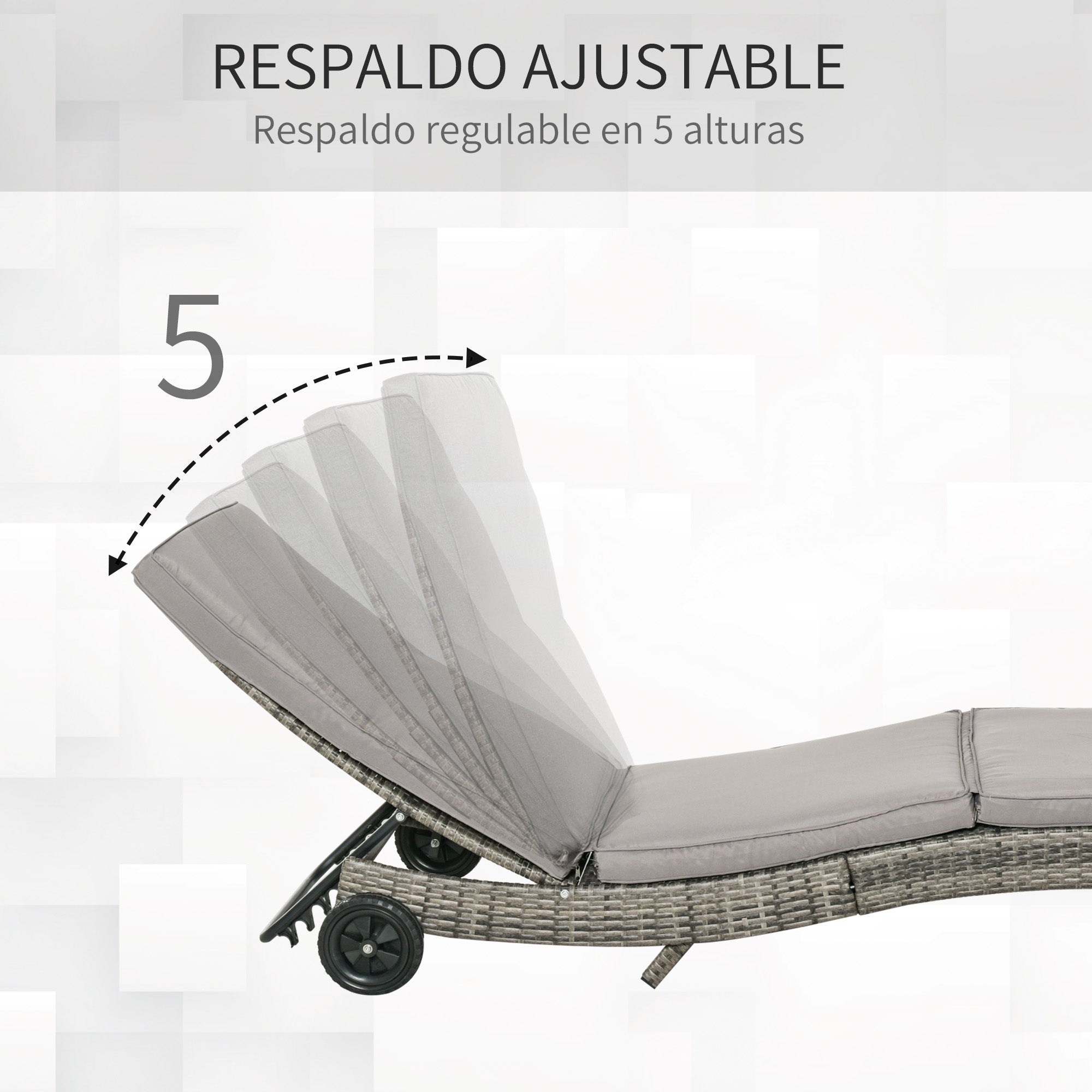 Outsunny Juego de 2 Tumbonas de Ratán Reclinable Tumbonas de Jardín en Forma de S con 2 Ruedas Respaldo Ajustable en 5 Posiciones y Cojín Extraíble para Patio Terraza 207x70x70 cm Gris Claro