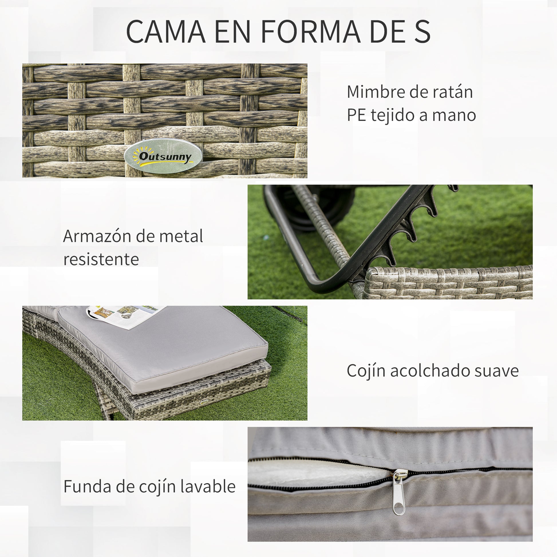 Outsunny Juego de 2 Tumbonas de Ratán Reclinable Tumbonas de Jardín en Forma de S con 2 Ruedas Respaldo Ajustable en 5 Posiciones y Cojín Extraíble para Patio Terraza 207x70x70 cm Gris Claro