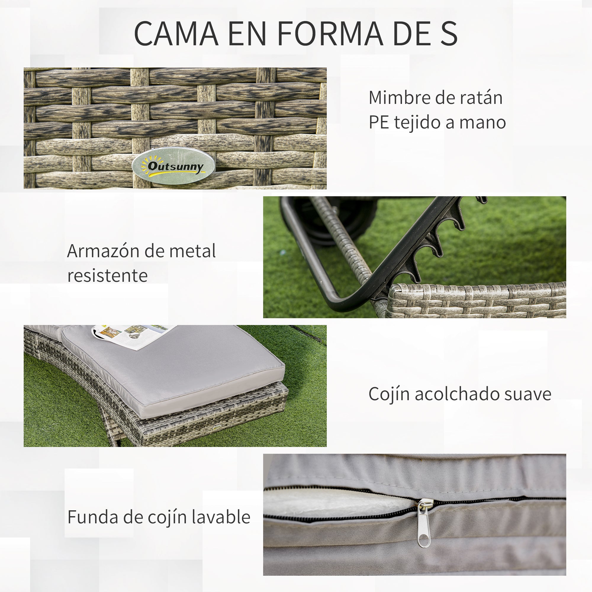 Outsunny Juego de 2 Tumbonas de Ratán Reclinable Tumbonas de Jardín en Forma de S con 2 Ruedas Respaldo Ajustable en 5 Posiciones y Cojín Extraíble para Patio Terraza 207x70x70 cm Gris Claro
