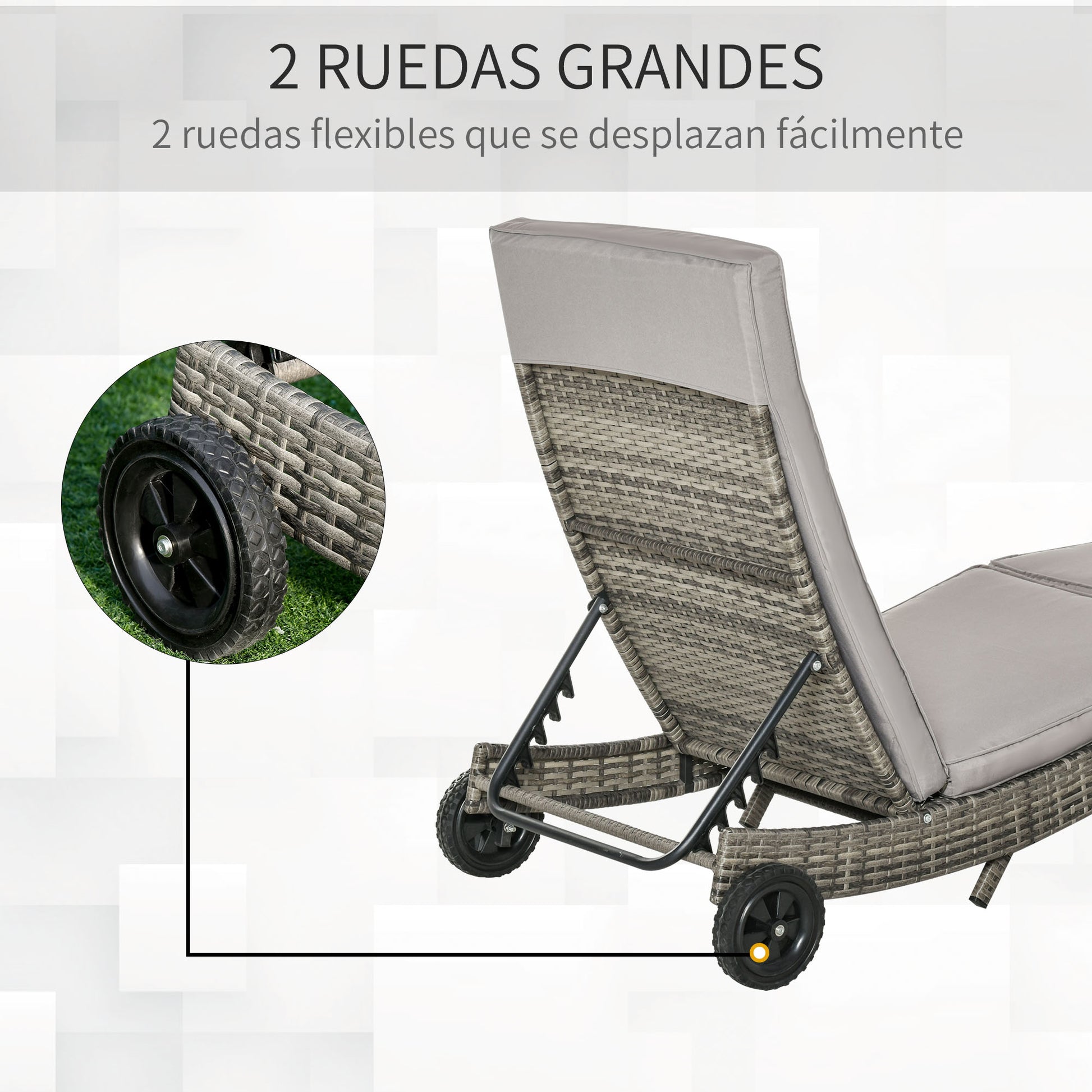 Outsunny Juego de 2 Tumbonas de Ratán Reclinable Tumbonas de Jardín en Forma de S con 2 Ruedas Respaldo Ajustable en 5 Posiciones y Cojín Extraíble para Patio Terraza 207x70x70 cm Gris Claro