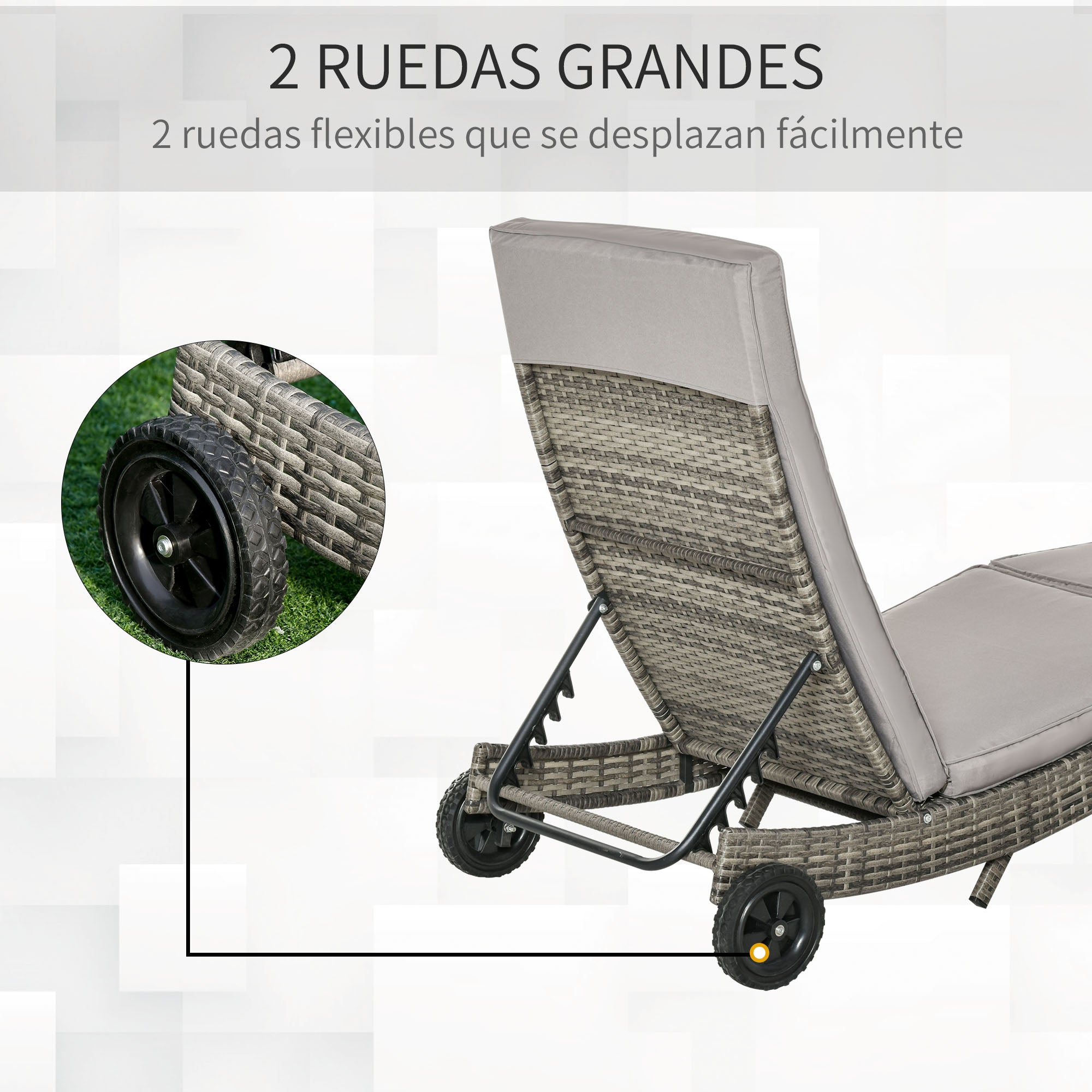 Outsunny Juego de 2 Tumbonas de Ratán Reclinable Tumbonas de Jardín en Forma de S con 2 Ruedas Respaldo Ajustable en 5 Posiciones y Cojín Extraíble para Patio Terraza 207x70x70 cm Gris Claro