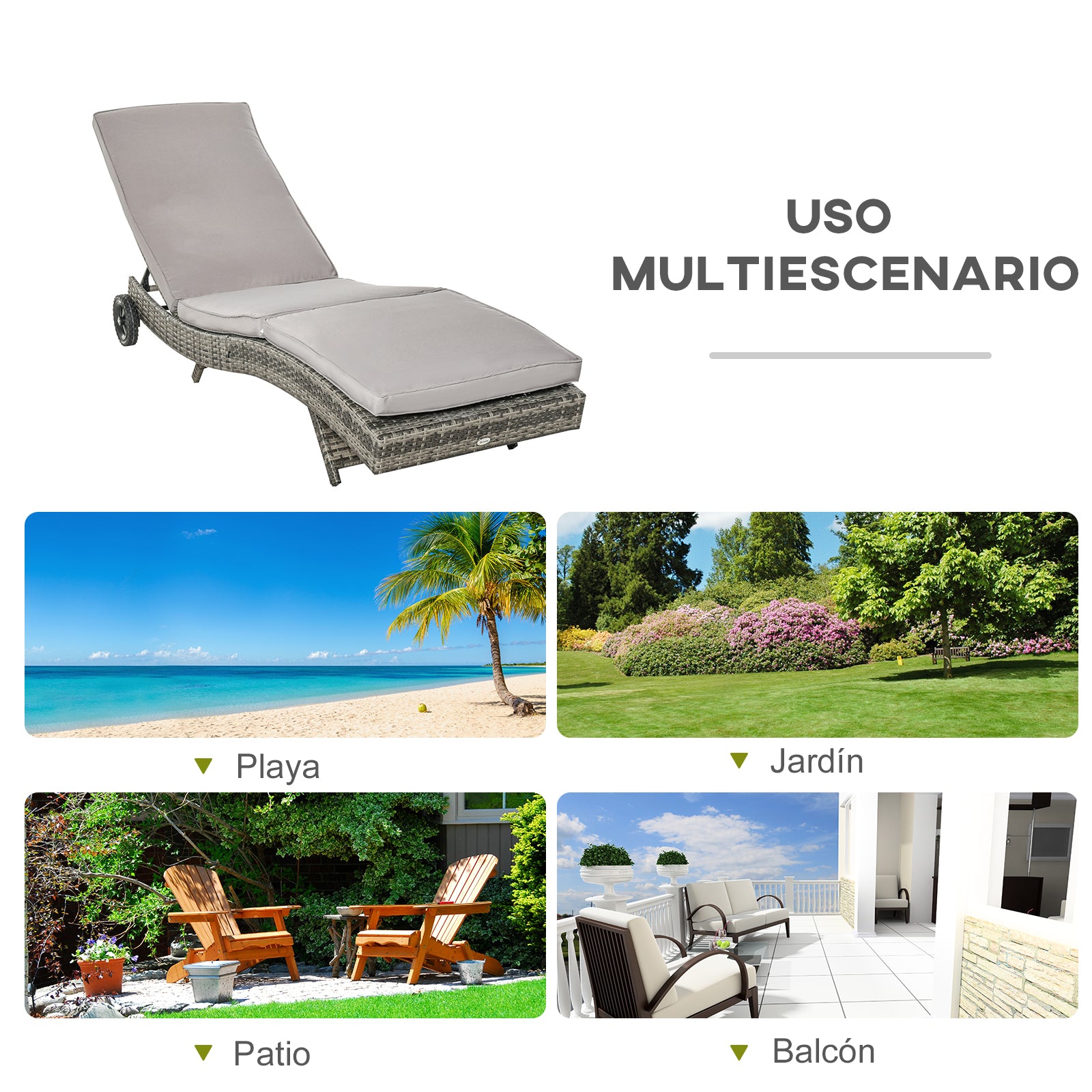 Outsunny Juego de 2 Tumbonas de Ratán Reclinable Tumbonas de Jardín en Forma de S con 2 Ruedas Respaldo Ajustable en 5 Posiciones y Cojín Extraíble para Patio Terraza 207x70x70 cm Gris Claro