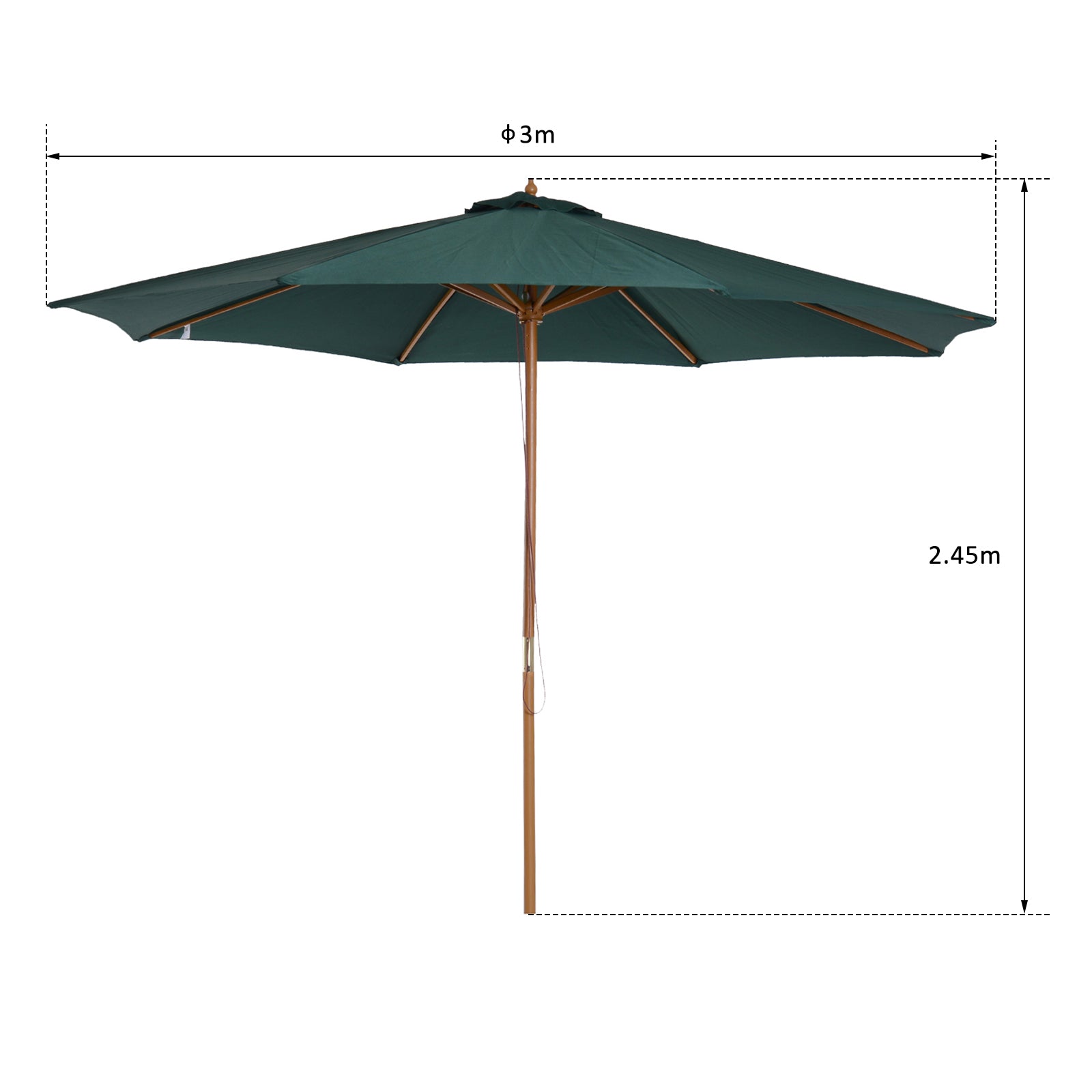 Outsunny Sombrilla Ø300x250 cm Parasol con Poste de Madera con Sistema de Poleas de 8 Varillas con Fijación para Jardín Patio Terraza Verde