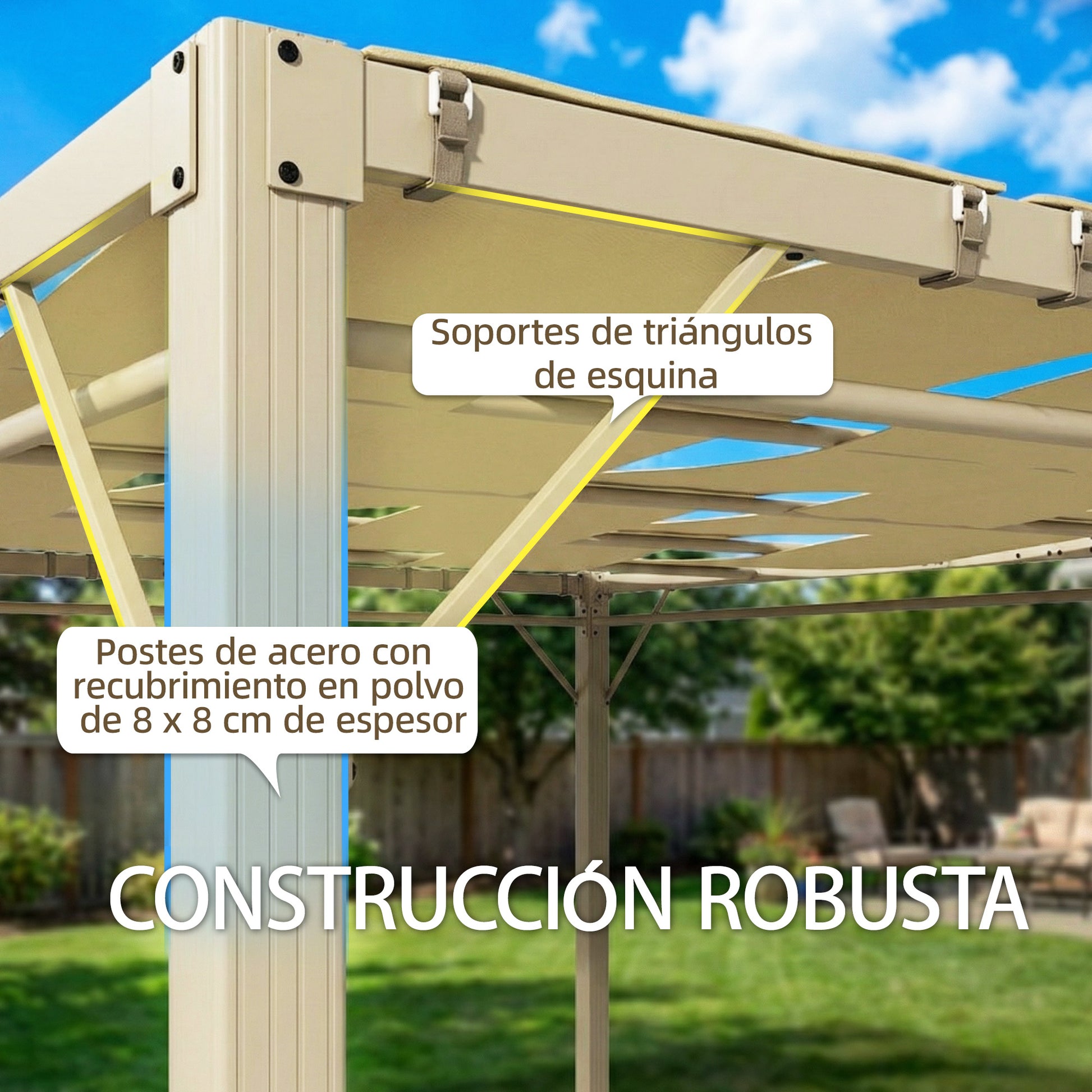 Outsunny Pérgola de Jardín 3x4 m, Cenador de Jardín con Techo Ondulado, 4 Cortinas Extraíbles, Protección UPF50+ y Estructura de Acero Resistente, Pabellón para Exterior, Patio, Terraza, Beige