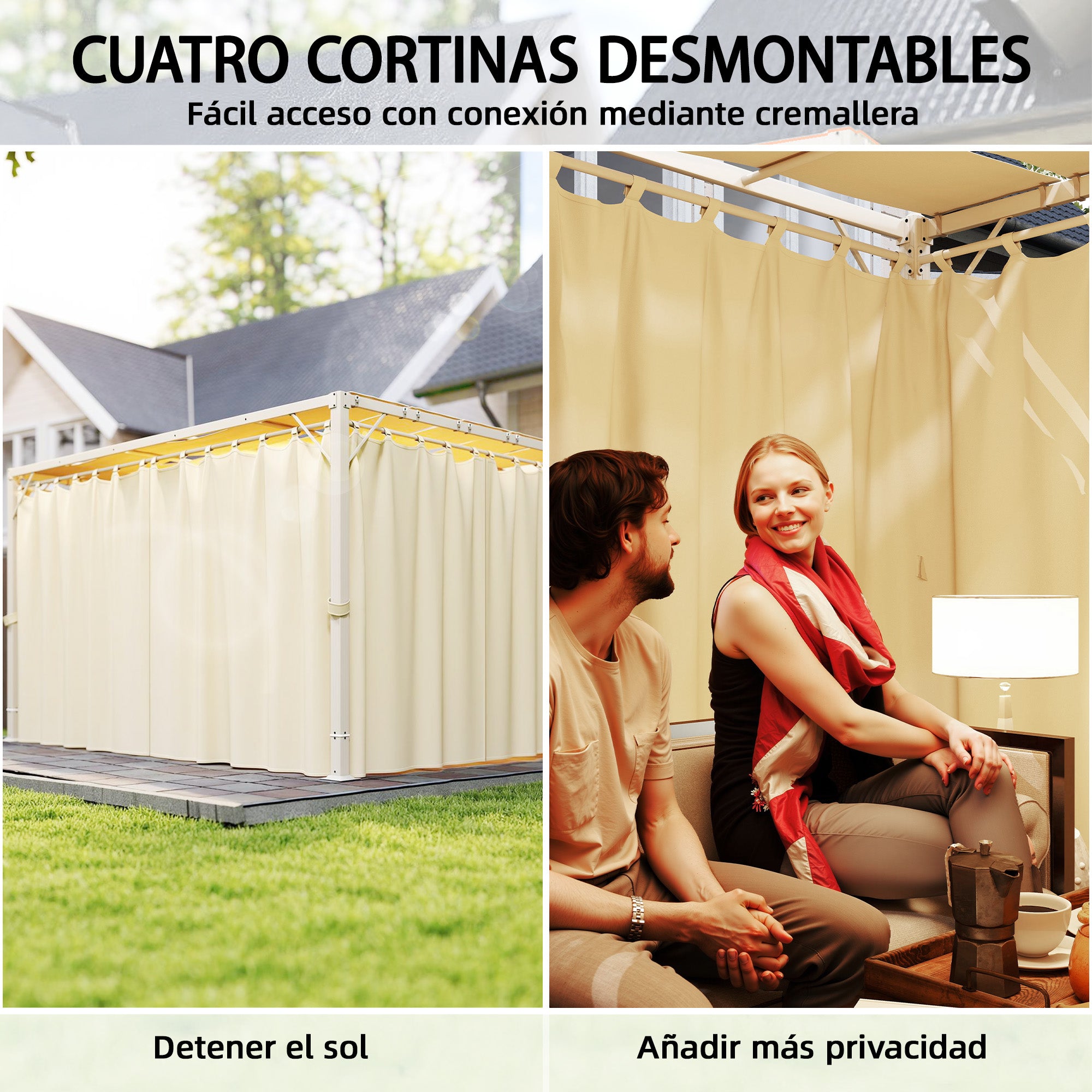 Outsunny Pérgola de Jardín 3x4 m, Cenador de Jardín con Techo Ondulado, 4 Cortinas Extraíbles, Protección UPF50+ y Estructura de Acero Resistente, Pabellón para Exterior, Patio, Terraza, Beige
