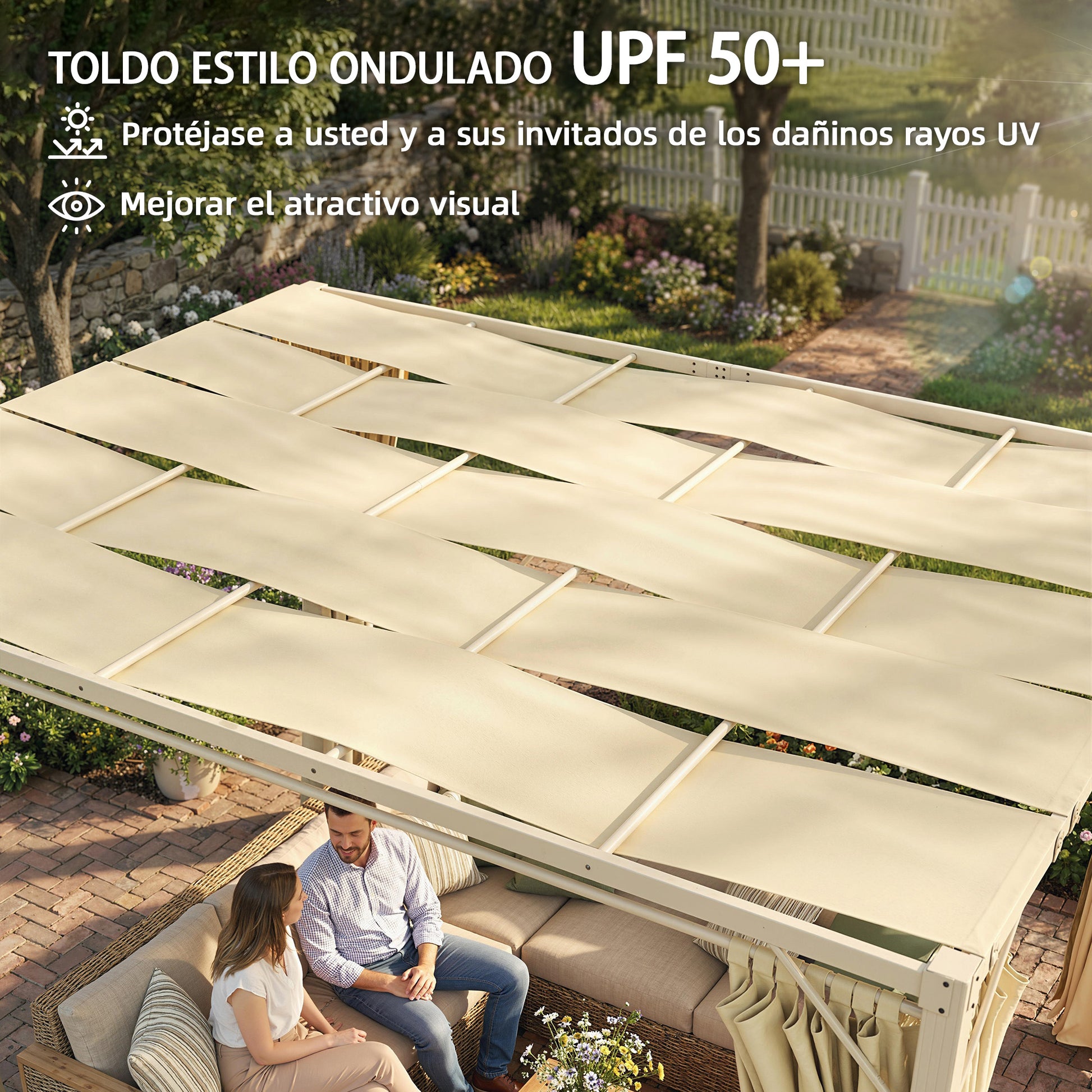 Outsunny Pérgola de Jardín 3x4 m, Cenador de Jardín con Techo Ondulado, 4 Cortinas Extraíbles, Protección UPF50+ y Estructura de Acero Resistente, Pabellón para Exterior, Patio, Terraza, Beige