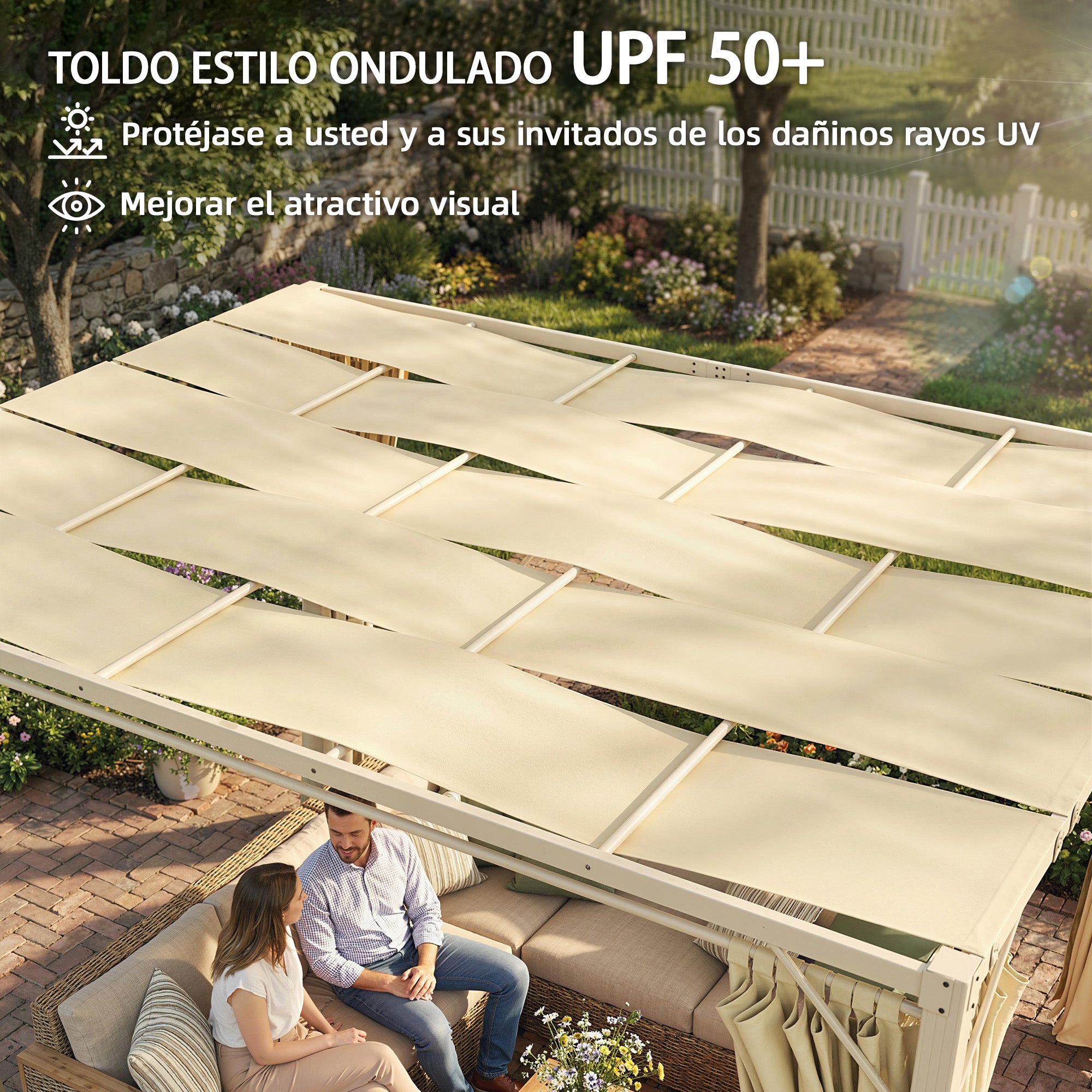 Outsunny Pérgola de Jardín 3x4 m, Cenador de Jardín con Techo Ondulado, 4 Cortinas Extraíbles, Protección UPF50+ y Estructura de Acero Resistente, Pabellón para Exterior, Patio, Terraza, Beige