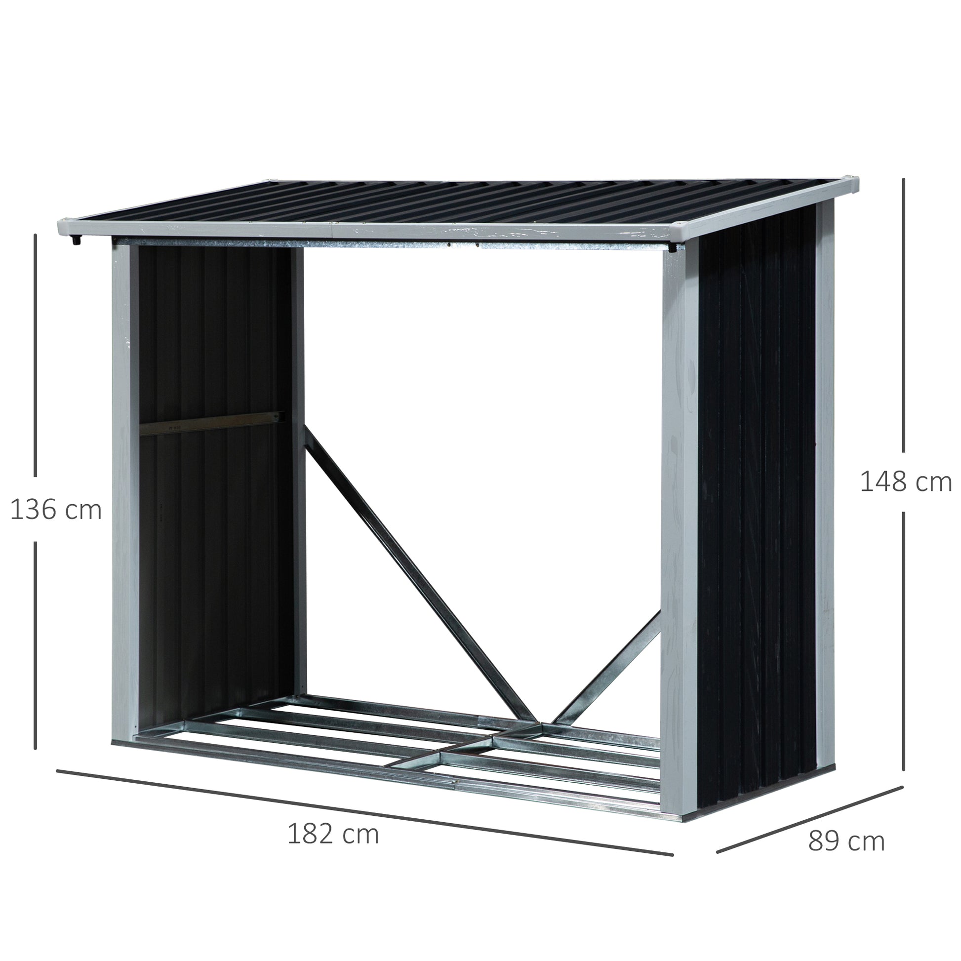 Outsunny Casetilla para Leña de Acero Galvanizado Cobertizo Leñero Almacenaje con Imbornal para Jardín Exteriores con Techo Inclinado 182x89x136/148 cm Gris Oscuro