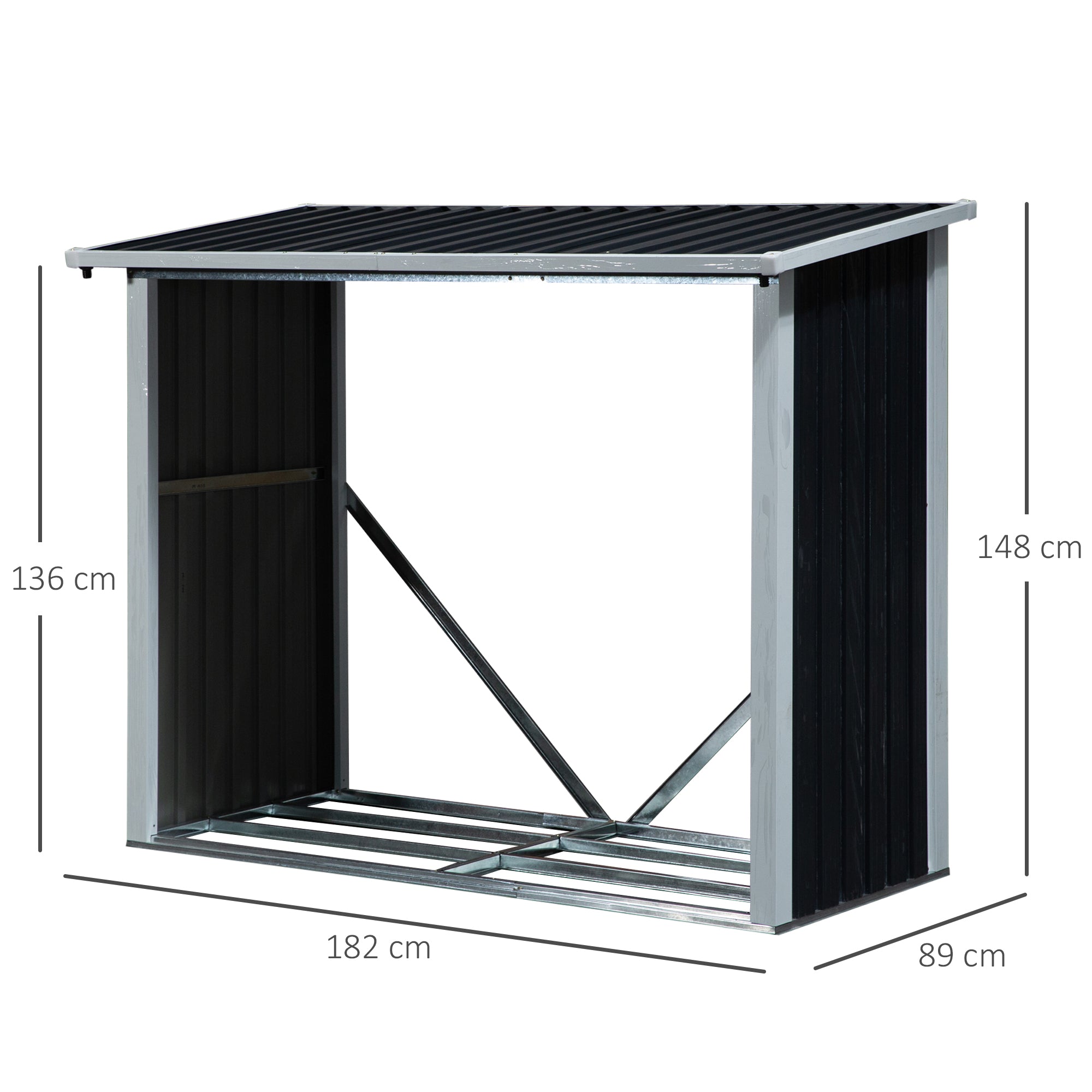Outsunny Casetilla para Leña de Acero Galvanizado Cobertizo Leñero Almacenaje con Imbornal para Jardín Exteriores con Techo Inclinado 182x89x136/148 cm Gris Oscuro