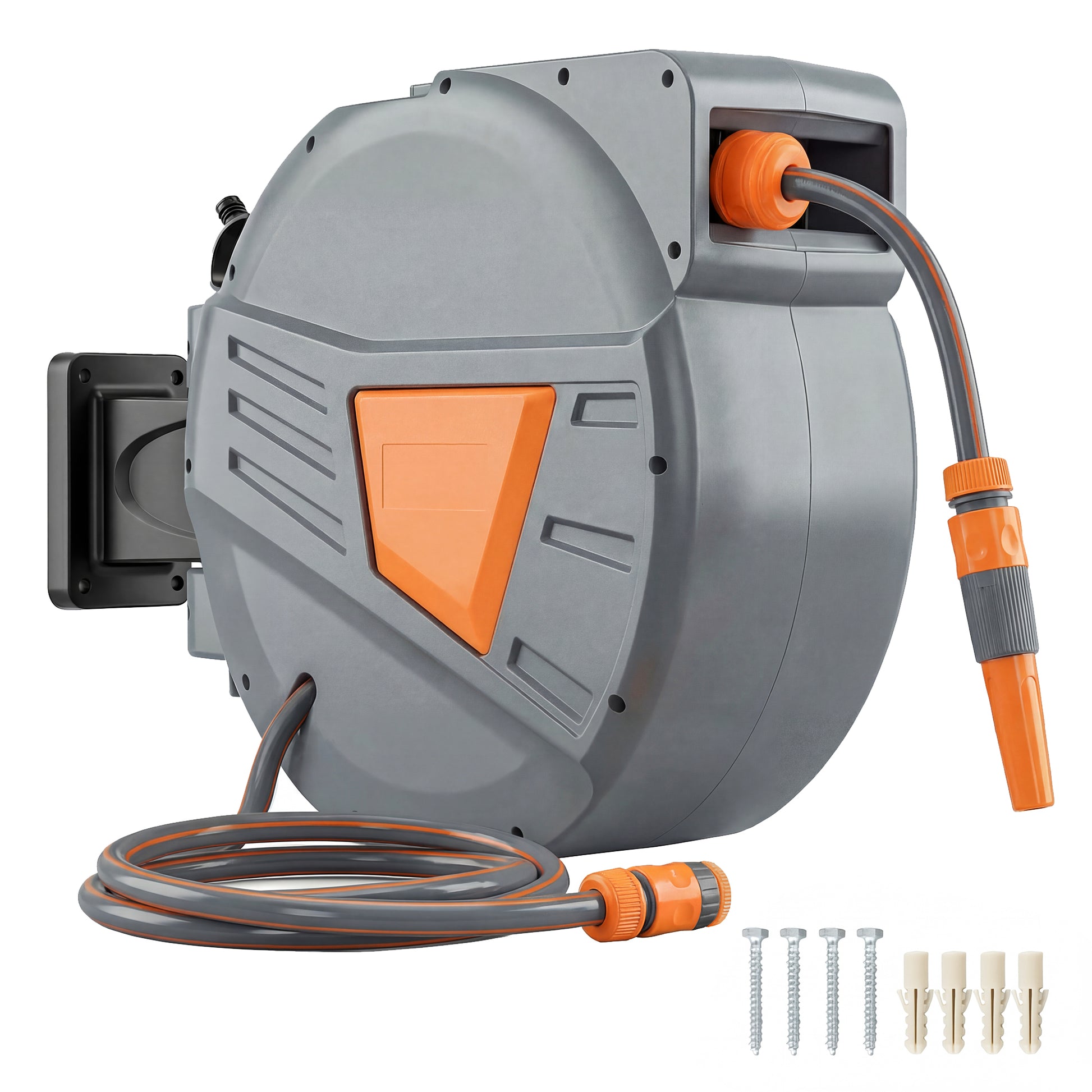 Outsunny Enrollador de Manguera para Jardín 20+1,6 m con Boquilla de 2 Modos, Carrete de Manguera de Jardín de Pared con Bloqueo Automático y Retracción Controlada, Soporte Orientable 180°, Naranja