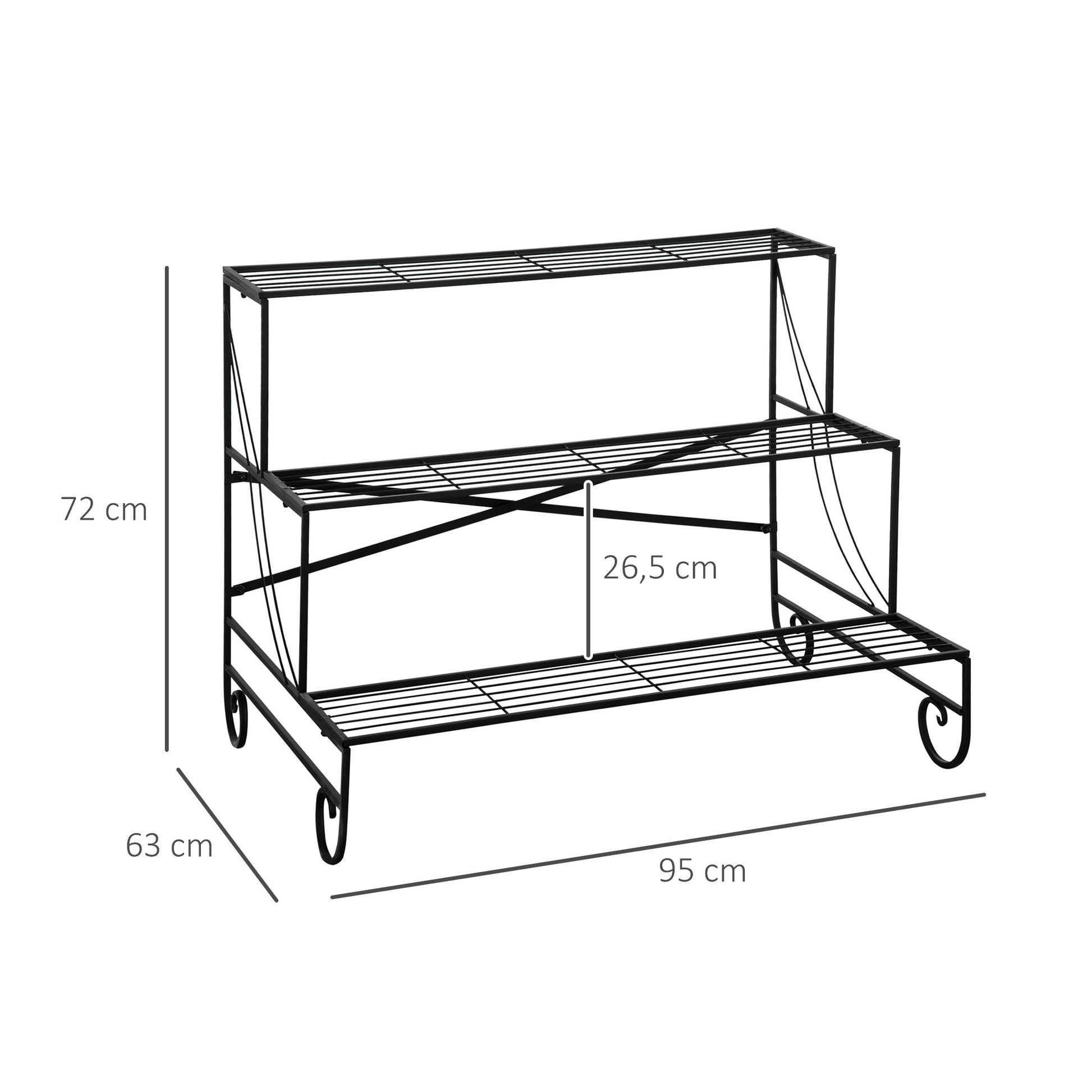 Outsunny Estantería para Plantas de Metal de 3 Niveles Soporte de Flores en Forma Escalera Macetas Multifuncional para Decoración Interiores y Exteriores 95x63x72 cm Negro