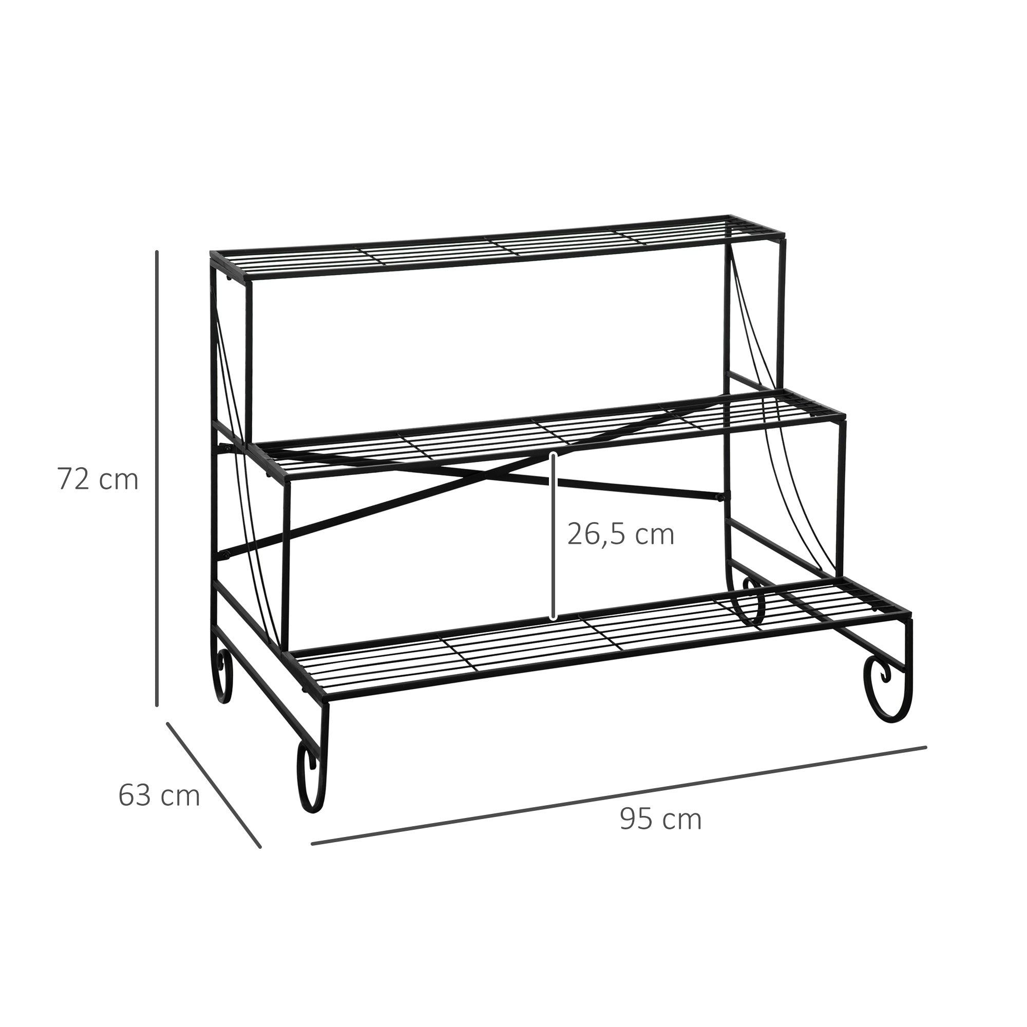Outsunny Estantería para Plantas de Metal de 3 Niveles Soporte de Flores en Forma Escalera Macetas Multifuncional para Decoración Interiores y Exteriores 95x63x72 cm Negro