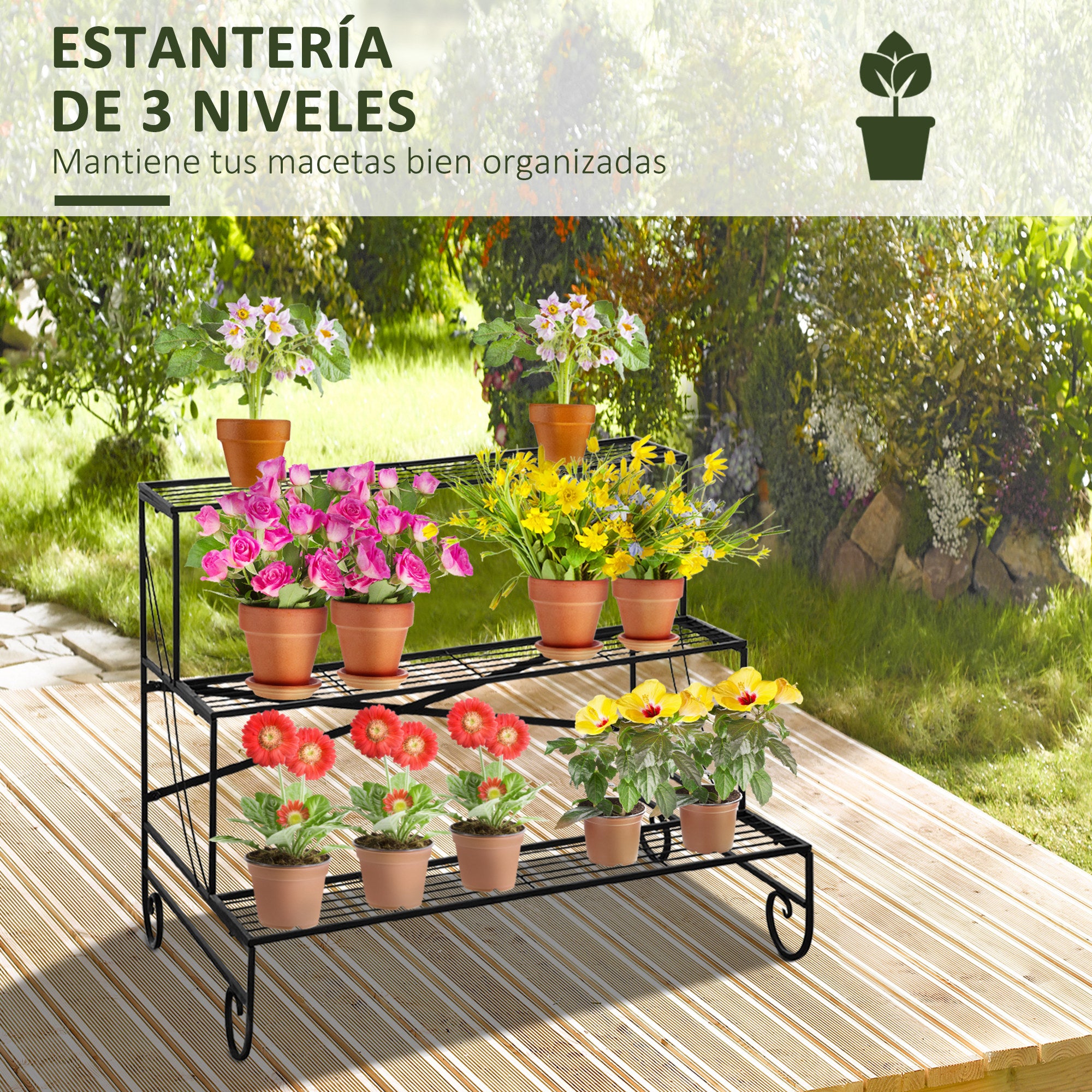 Outsunny Estantería para Plantas de Metal de 3 Niveles Soporte de Flores en Forma Escalera Macetas Multifuncional para Decoración Interiores y Exteriores 95x63x72 cm Negro