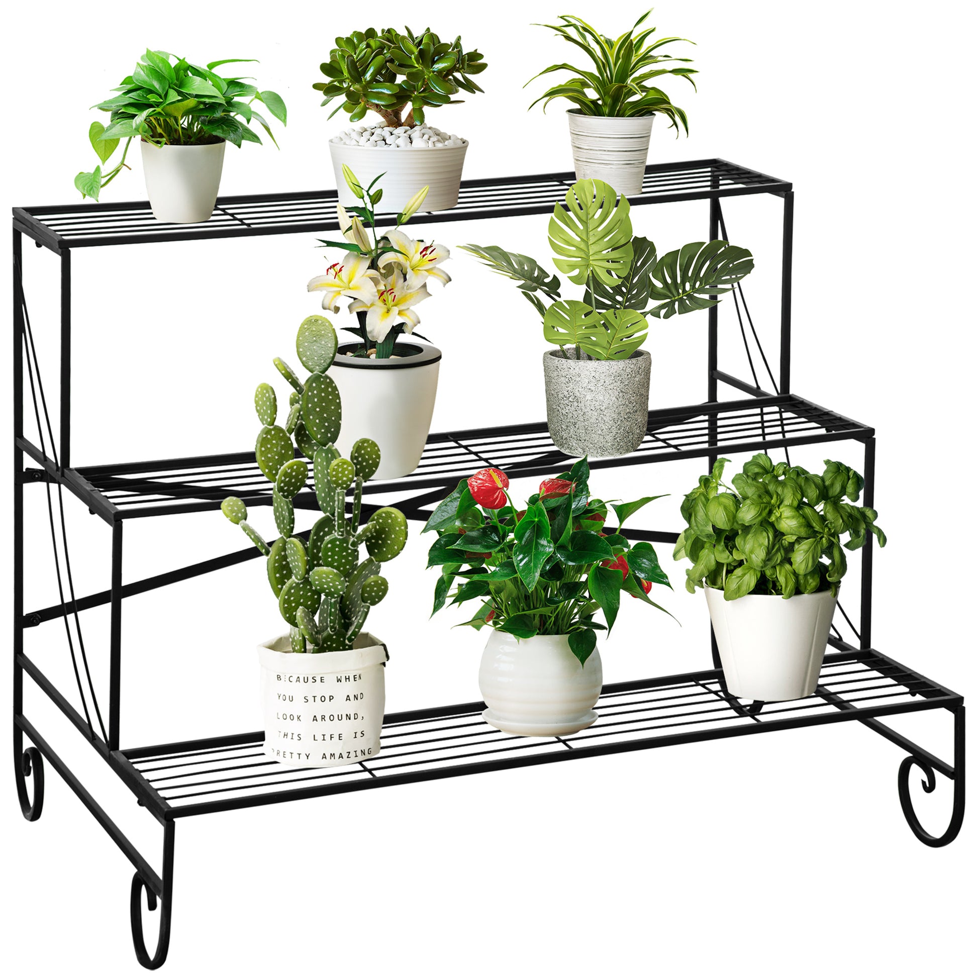 Outsunny Estantería para Plantas de Metal de 3 Niveles Soporte de Flores en Forma Escalera Macetas Multifuncional para Decoración Interiores y Exteriores 95x63x72 cm Negro