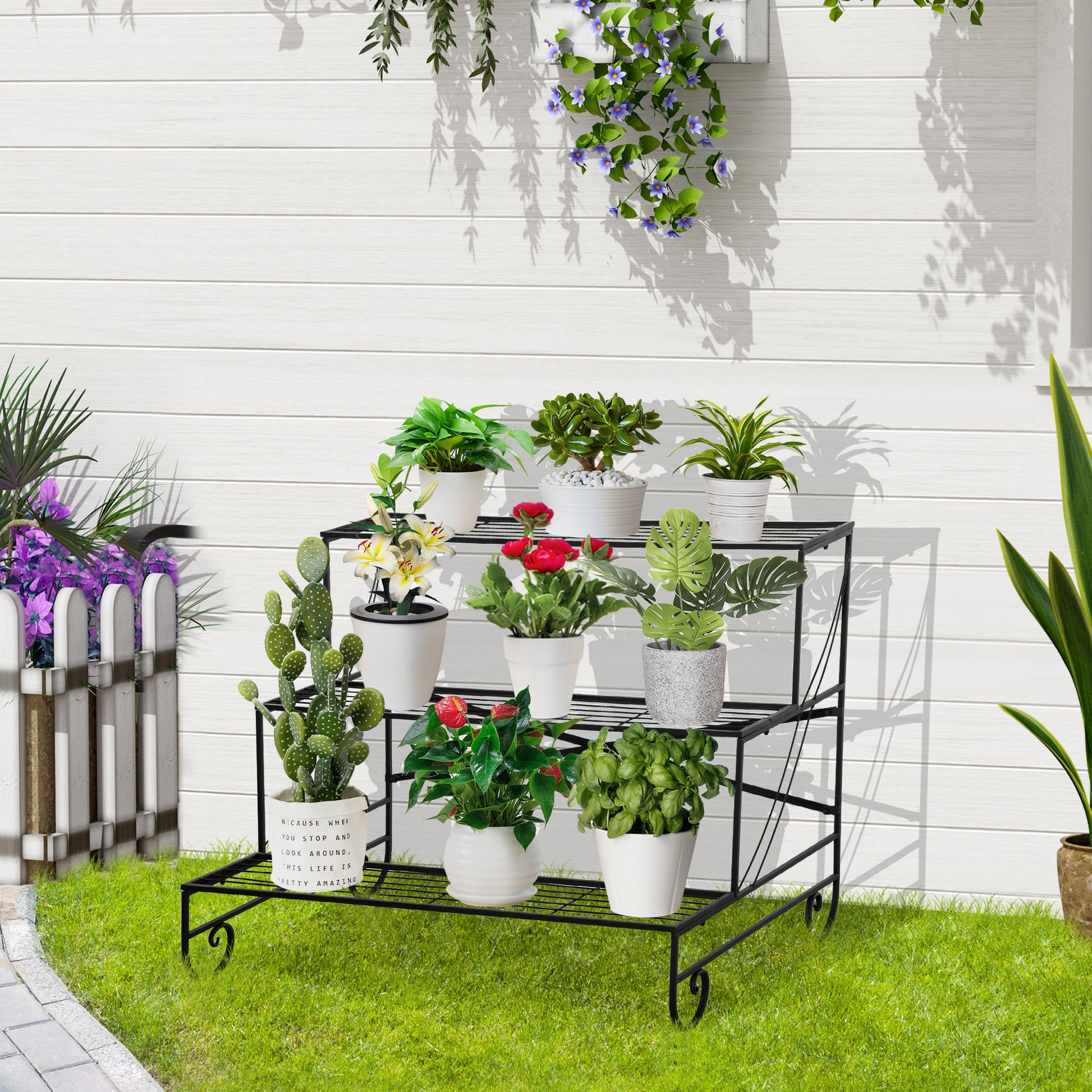 Outsunny Estantería para Plantas de Metal de 3 Niveles Soporte de Flores en Forma Escalera Macetas Multifuncional para Decoración Interiores y Exteriores 95x63x72 cm Negro