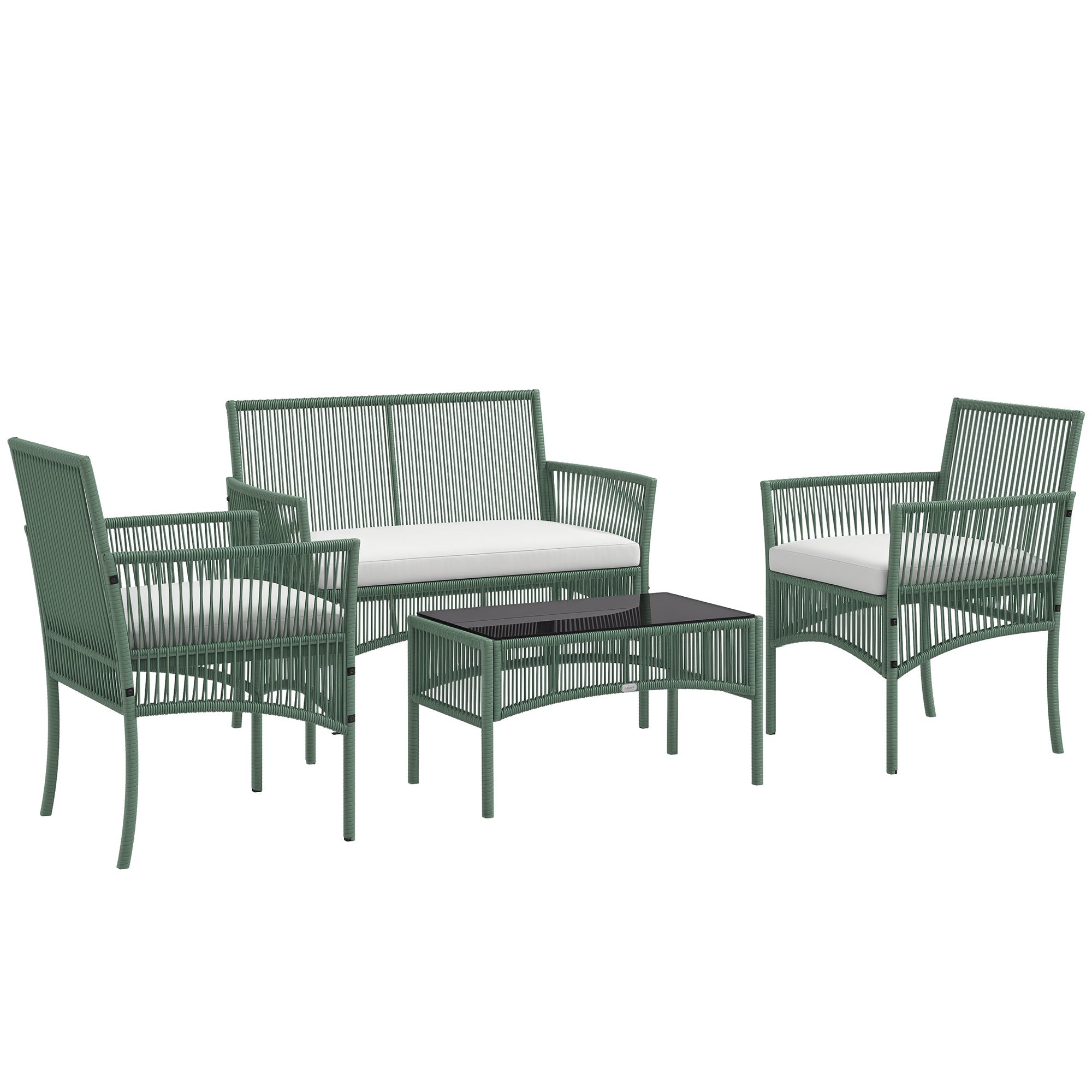 Outsunny Conjunto Jardín Exterior de Ratán, Muebles Jardín Exterior para 4 Piezas, Muebles Terraza con 1 Sofá de 2 Plazas, 2 Sillones, Cojines y 1 Mesa de Tablero de Vidrio, para Patio, Verde Oscuro