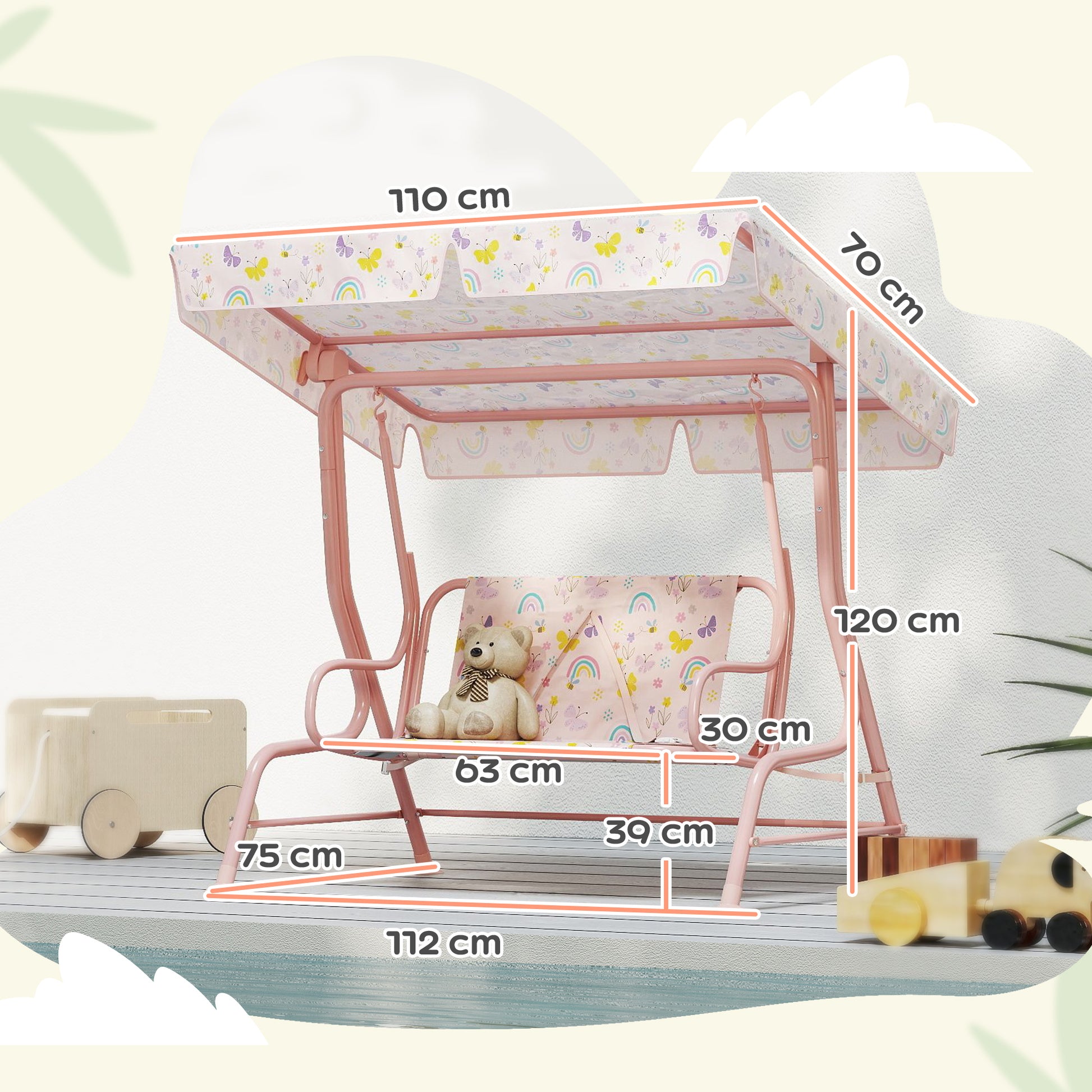 AIYAPLAY Columpio de Jardín Exterior para Niños de +3 Años Balancín de Jardín Exterior de 2 Plazas con Toldo Ajustable Arnés de Seguridad y Estampados Bonitos 112x75x120 cm Rosa
