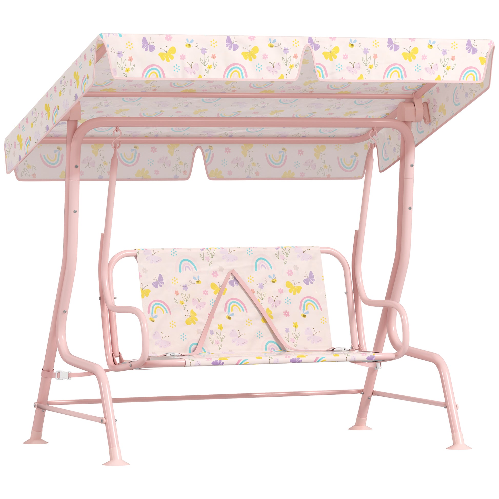 AIYAPLAY Columpio de Jardín Exterior para Niños de +3 Años Balancín de Jardín Exterior de 2 Plazas con Toldo Ajustable Arnés de Seguridad y Estampados Bonitos 112x75x120 cm Rosa