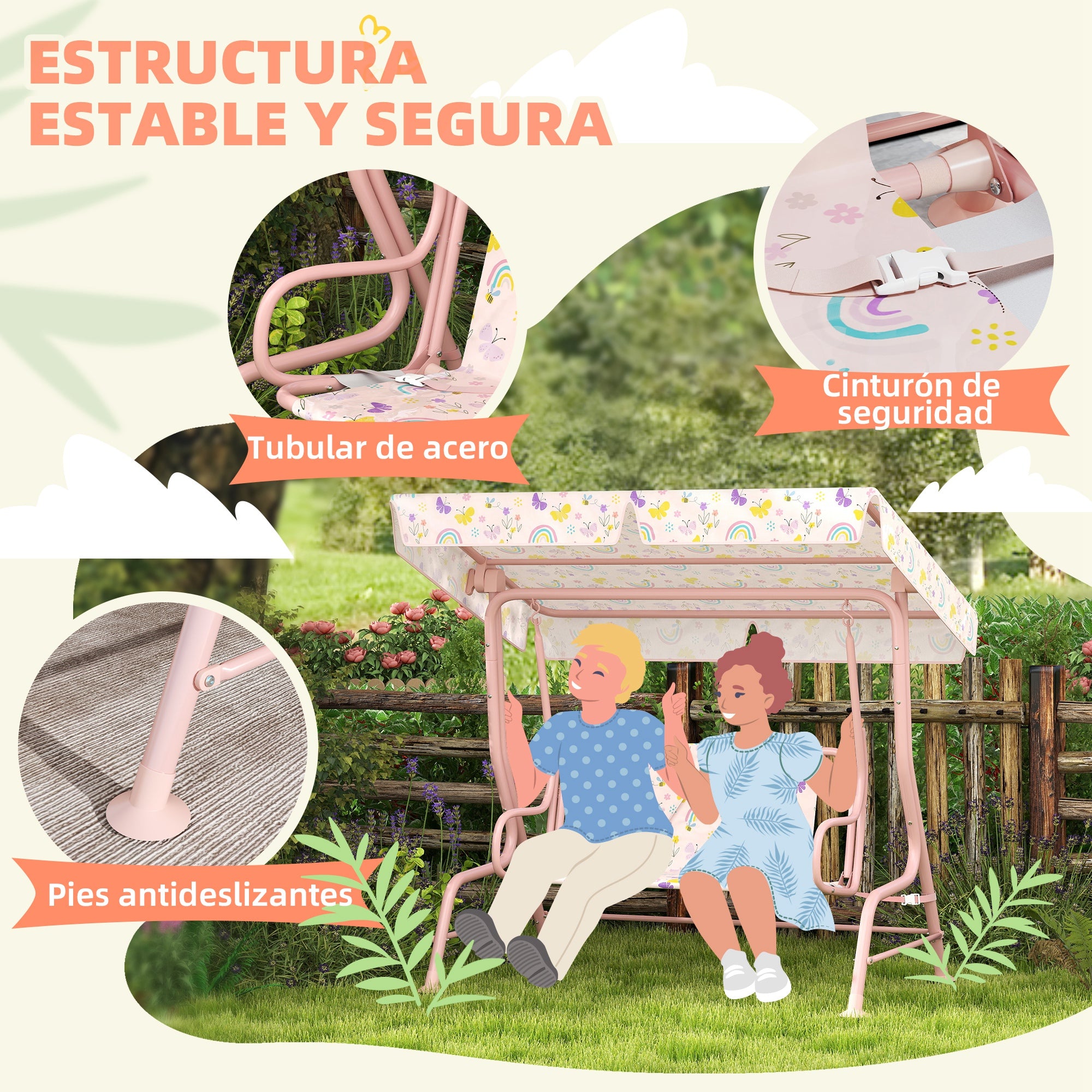 AIYAPLAY Columpio de Jardín Exterior para Niños de +3 Años Balancín de Jardín Exterior de 2 Plazas con Toldo Ajustable Arnés de Seguridad y Estampados Bonitos 112x75x120 cm Rosa