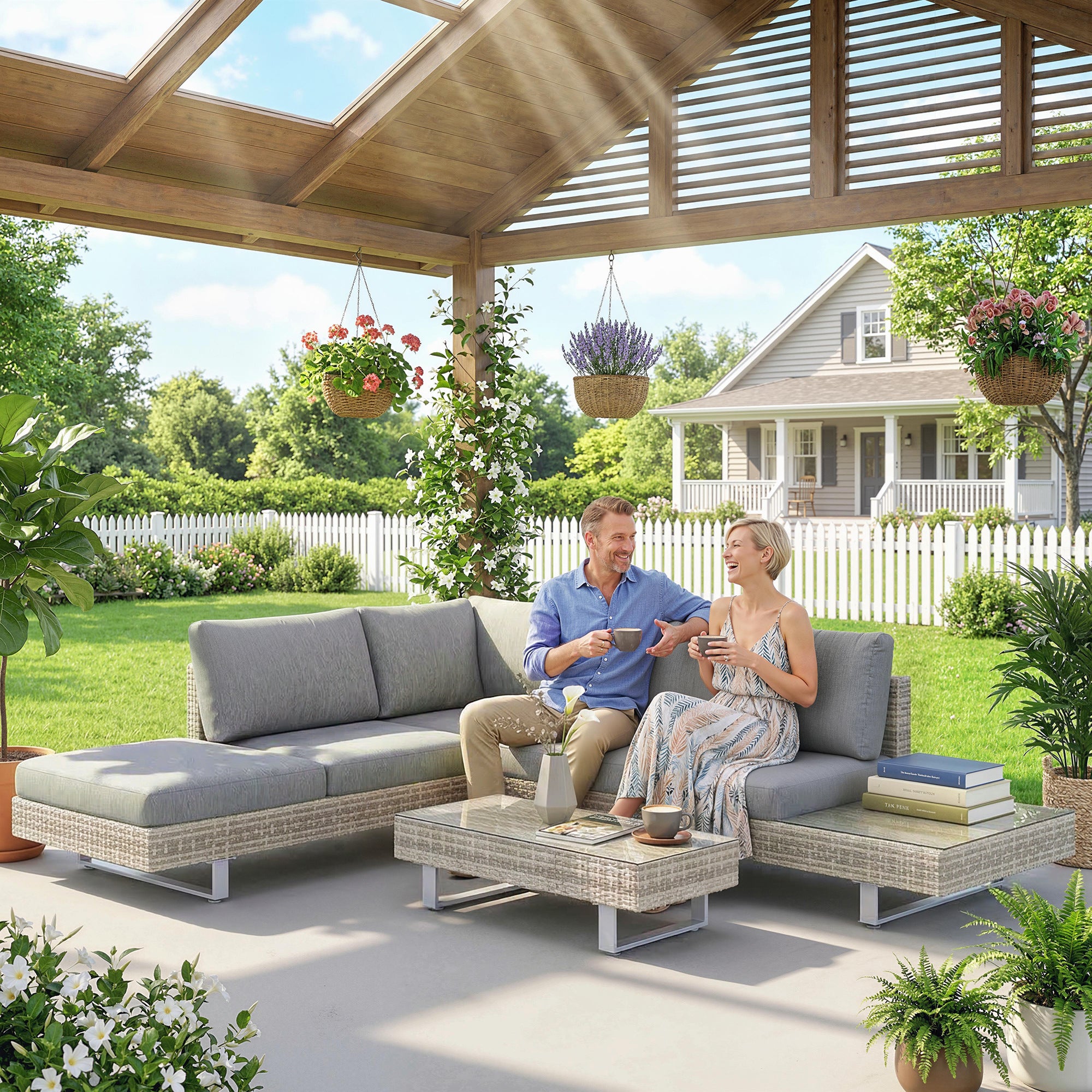 Outsunny Conjunto de Jardín de Ratán de 3 Piezas, Conjunto Terraza Resistente, Muebles Jardín Exterior Incluye Cojines, Sofá de 3 Plazas, Sofá de 2 Plazas con Mesa Lateral, Mesa Centro de Vidrio Gris