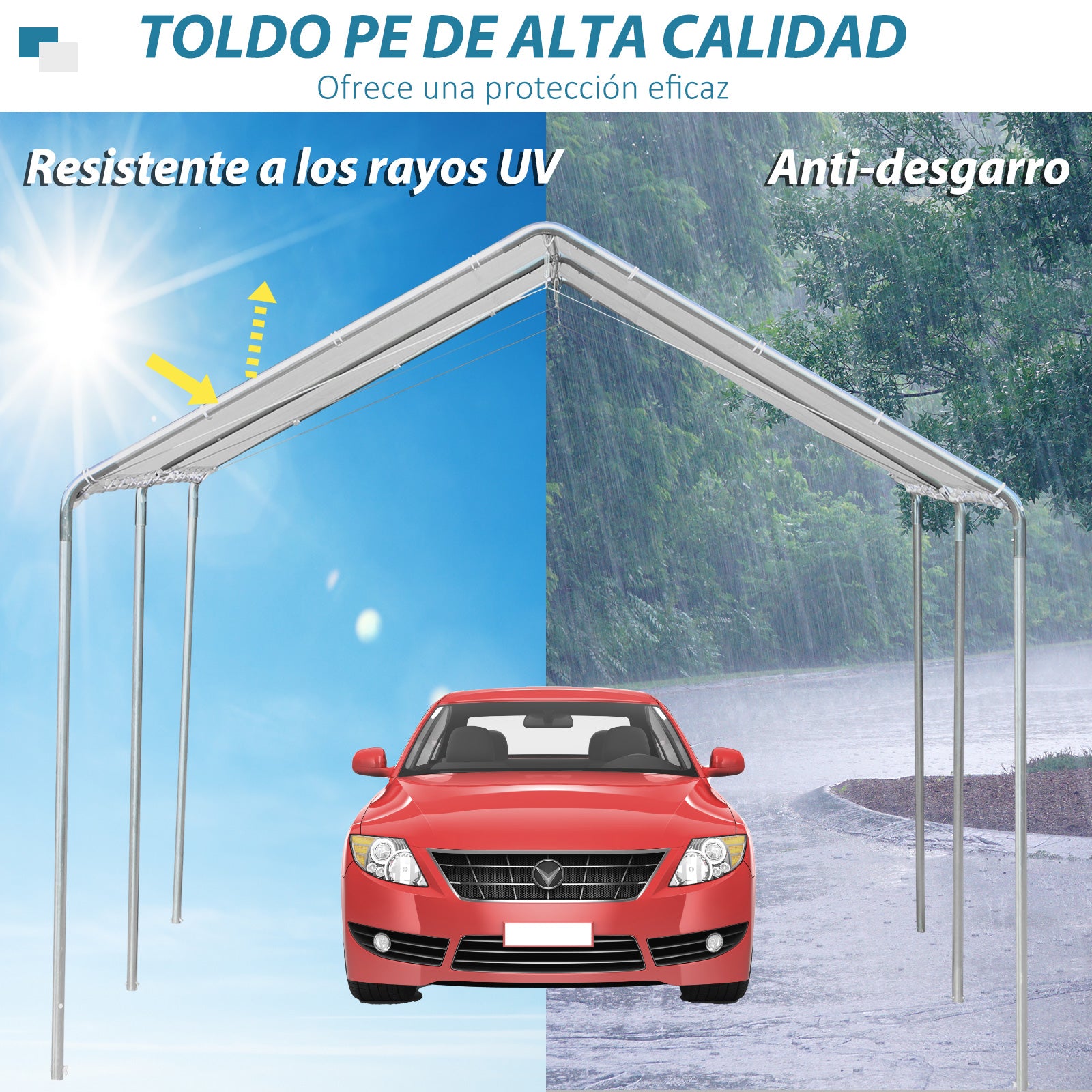 Outsunny Cochera Exterior 3x6 m Carpa Garaje para Coche Impermeable con Toldo de Tela PE y Marco de Acero Galvanizado Pabellón Gazebo para Jardín Patio Blanco