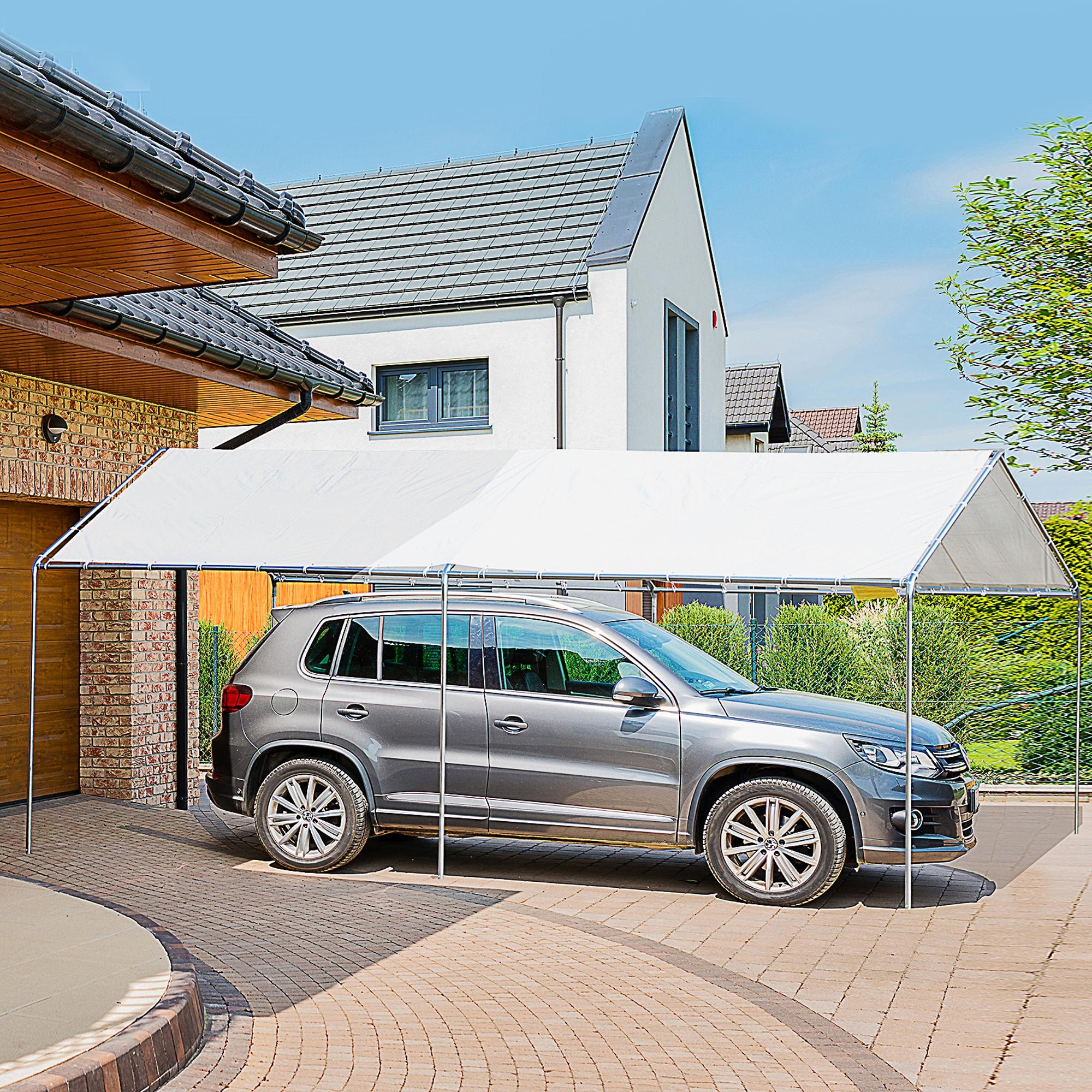 Outsunny Cochera Exterior 3x6 m Carpa Garaje para Coche Impermeable con Toldo de Tela PE y Marco de Acero Galvanizado Pabellón Gazebo para Jardín Patio Blanco