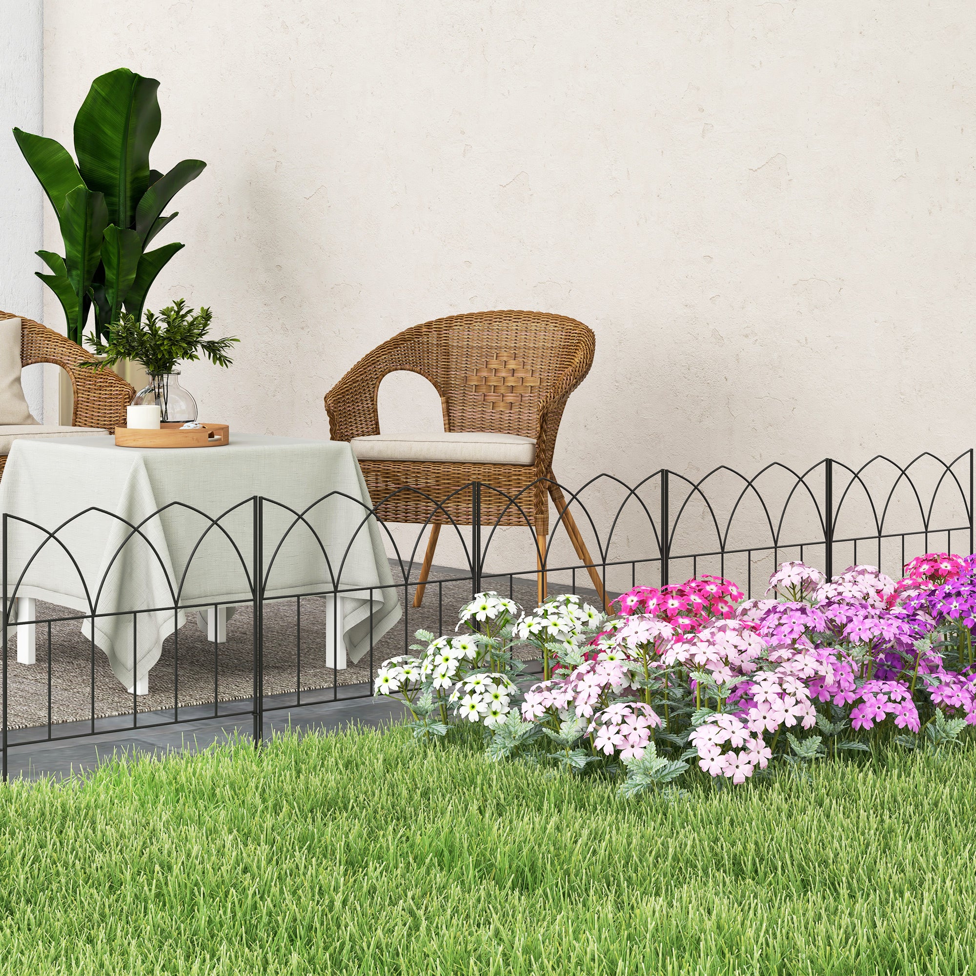 Outsunny Vallas de Jardín 205x45,5 cm Set de 5 Vallas Decorativas para Jardín de Metal Combinación Libre Barrera para Animales para Terraza Patio Césped Negro