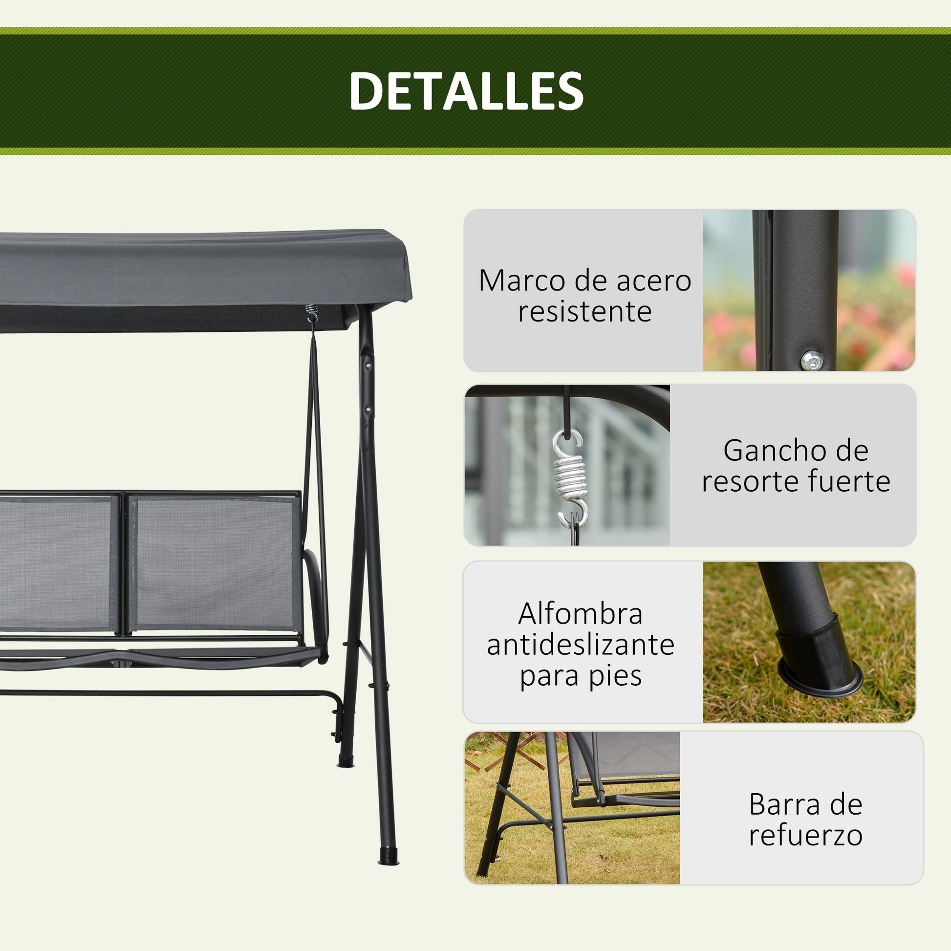 Outsunny Columpio de Jardín Exterior de 2 Plazas, Balancín de Jardín Exterior con Techo Ajustable, Marco de Acero, Asientos de Textilene, para Balcón Terraza, Carga 220 kg, 140x118x162 cm, Gris Oscuro