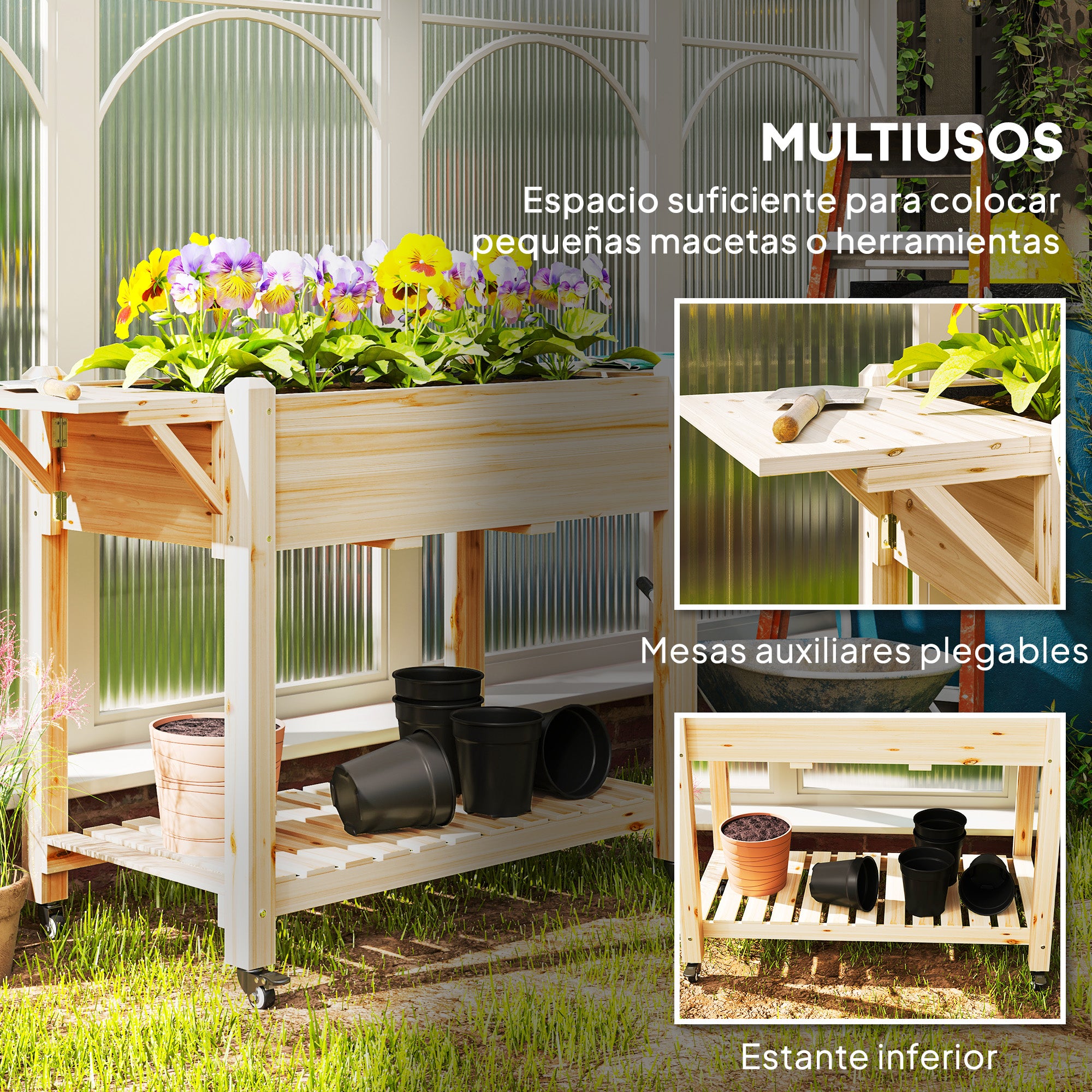 Outsunny Huerto Urbano de Madera Mesa de Cultivo con Ruedas Estante y Repisas Plegables Jardinera Elevada para Cultivo Flores Vegetales en Jardín Terraza 145x52x86 cm Natural