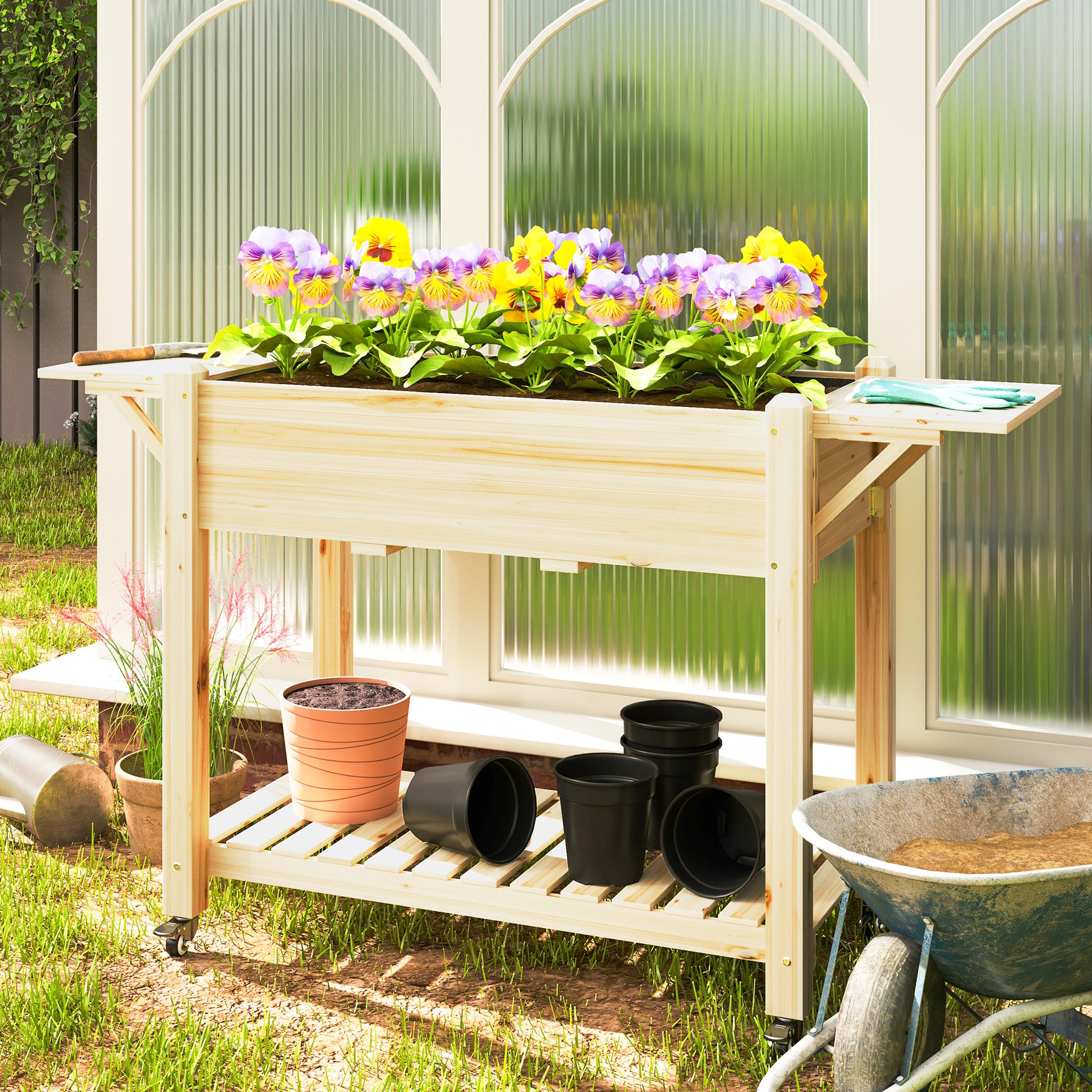 Outsunny Huerto Urbano de Madera Mesa de Cultivo con Ruedas Estante y Repisas Plegables Jardinera Elevada para Cultivo Flores Vegetales en Jardín Terraza 145x52x86 cm Natural
