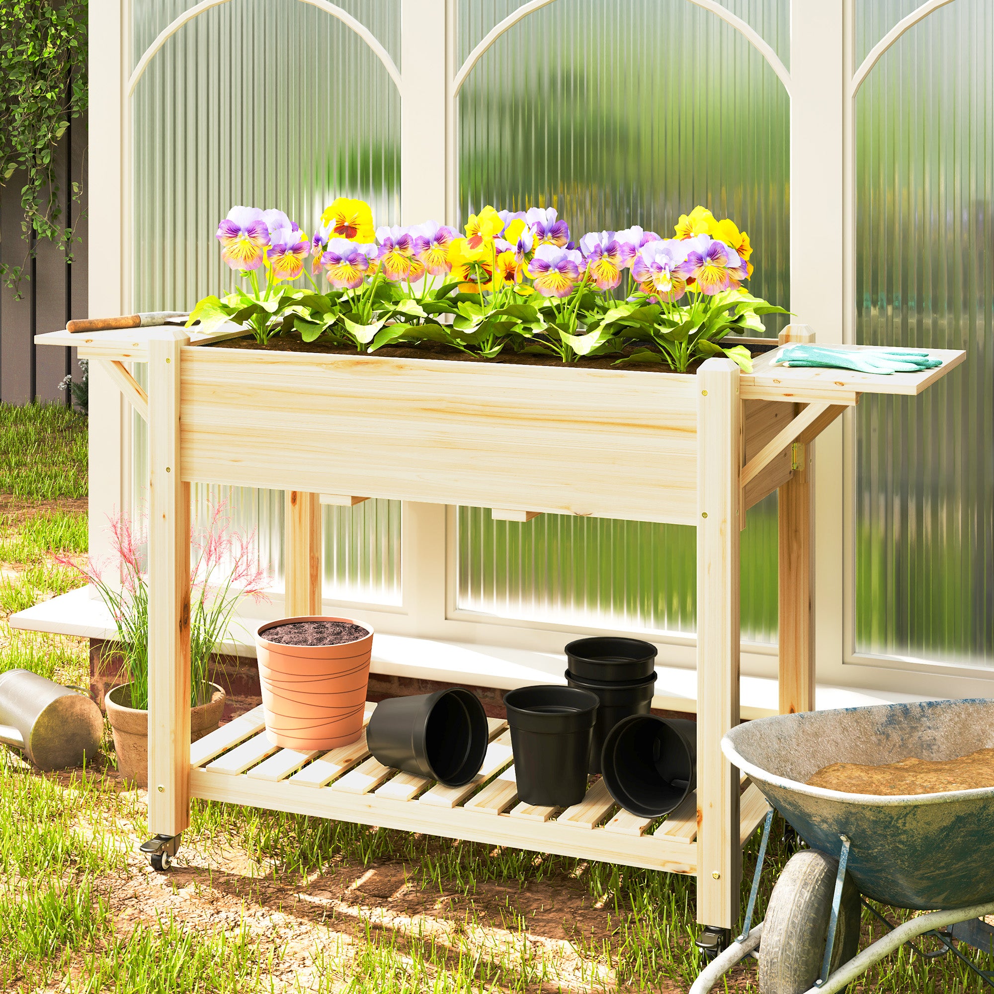 Outsunny Huerto Urbano de Madera Mesa de Cultivo con Ruedas Estante y Repisas Plegables Jardinera Elevada para Cultivo Flores Vegetales en Jardín Terraza 145x52x86 cm Natural
